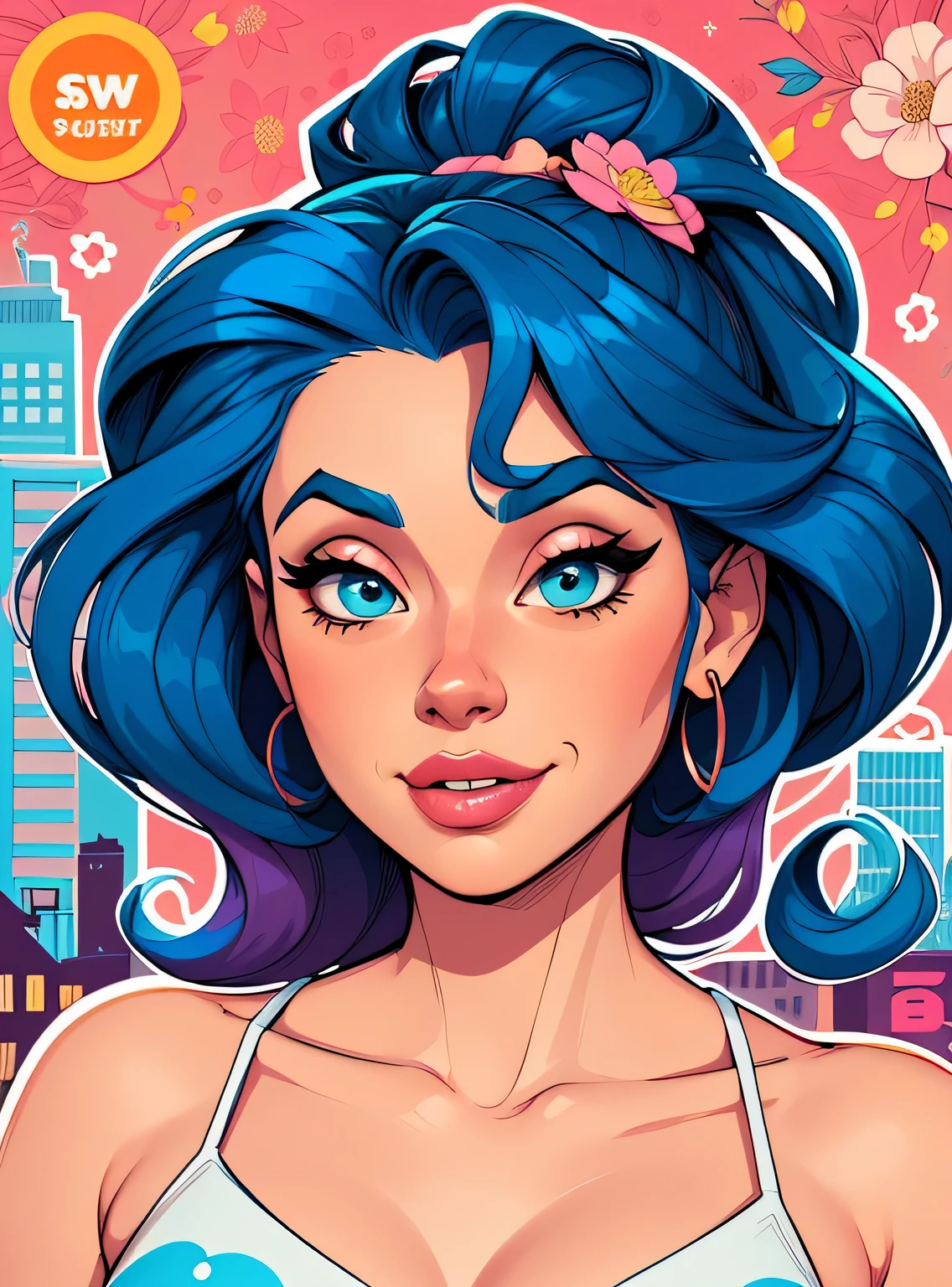 (estilo de desenho animado:1.2), Cartoon image of a woman with big blue hair and coffee, garota funky super fofa, cartoon style illustration, estilo de arte dos desenhos animados, estilo de arte dos desenhos animados, digital illustration style, design de personagens altamente detalhado, arte digital detalhada fofa, City Girl Fan Art, design de personagem retrato, beautiful digital illustration, retrato de alta qualidade, arte em quadrinhos, retrato do design do personagem, fundo floral