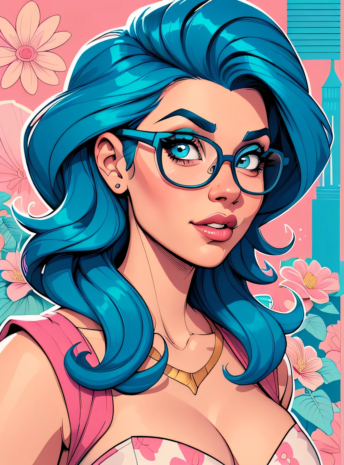(estilo de desenho animado:1.2), Imagem de desenho animado de uma mulher com grande cabelo azul, cups and coffee, garota funky super fofa, cartoon style illustration, estilo de arte dos desenhos animados, estilo de arte dos desenhos animados, digital illustration style, design de personagens altamente detalhado, arte digital detalhada fofa, City Girl Fan Art, design de personagem retrato, beautiful digital illustration, retrato de alta qualidade, arte em quadrinhos, retrato do design do personagem, fundo floral
