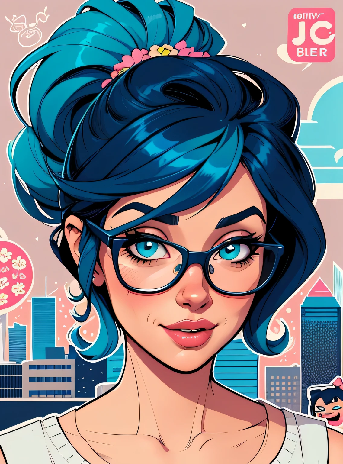 (estilo de desenho animado:1.2), Imagem de desenho animado de uma mulher com grande cabelo azul, cups and coffee, garota funky super fofa, cartoon style illustration, estilo de arte dos desenhos animados, estilo de arte dos desenhos animados, digital illustration style, design de personagens altamente detalhado, arte digital detalhada fofa, City Girl Fan Art, design de personagem retrato, beautiful digital illustration, retrato de alta qualidade, arte em quadrinhos, retrato do design do personagem, fundo floral