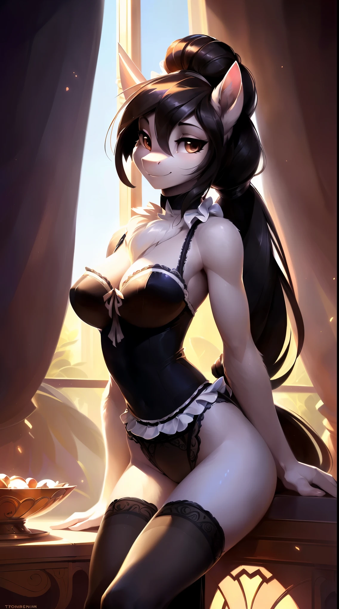 uploaded on e621, by Bayard Wu, by Thomas Benjamin Kennington, by Einshelm, solo anthro, ((Portrait)), ((Wear a maiden outfit)), maid, maid uniform, frenchmaid, french, (White and black Underwear), (lacy stockings, adult pantyhose), (detailed Bonifasko lighting), (Detailed fur), (detailed skin), (Cinematic lighting), ((Detailed background, vip hotel hall)), (half body shadow), [ambient light on the belly], [explict content], [sharp-focus], (shaded), ((Masterpiece), brown eyes, (long hair, hairbun), (dark hair), Average Breasts, pectoral muscles, Fluffy pony, MLP, My Little Pony, grey skin, (fluffy fur), fluffy tights, fluffy chest, furry fantasy art, anthro art, commission for high res, Furry art, pov furry art, Sakimichan is beautiful, Masterpiece, Best Quality, Detailed image, Dark colors, Detailed Face, perfect  lighting, Perfect shadows, Perfect eyes, focus on girl, flawless face, gorgeous body, Hourglass body, feet focus (hooves in tights), Fluffy, fluffy girl, Body fur, pony muzzle, Playful look, half closed eyes, 1girl, full body, Detailed fur, Balanced coloring, ((Long mane, pony tail)), Furry, anthro, (attractive body), looking at viewer, seductive gaze, seductive posing, perfect legs, 