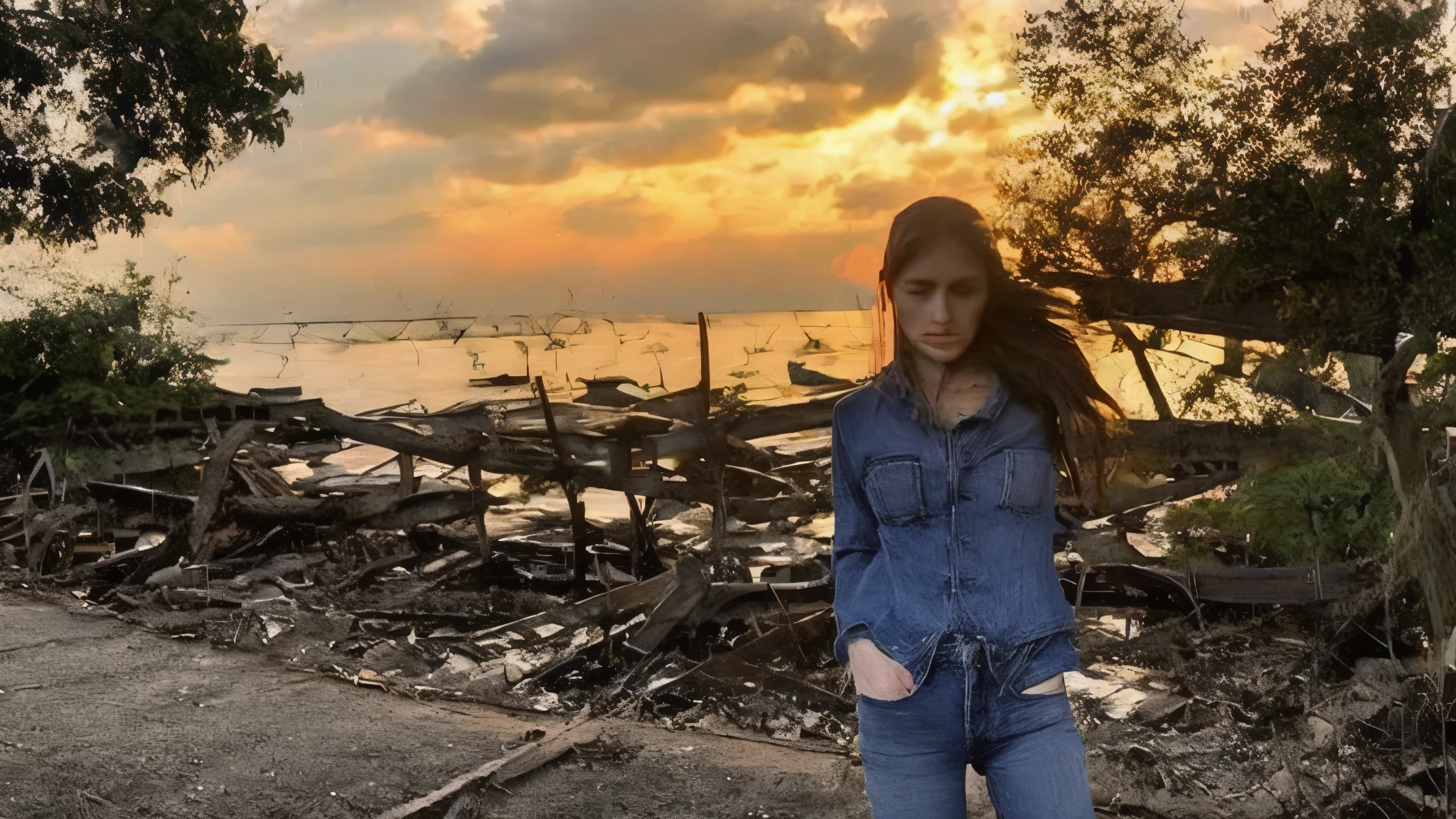 Thai Woman, look at viewer, long hair, shirt, jeans, cloud, day, sky,outdoors, post-apocalypse, ruins, scenery, tree, water,