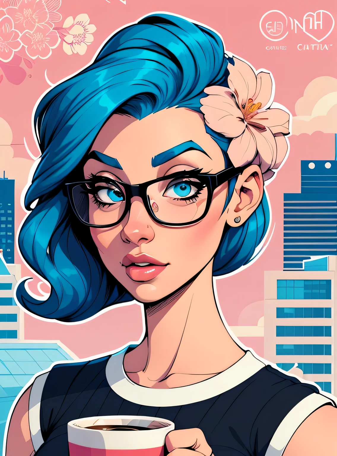(estilo de desenho animado:1.2), Imagem de desenho animado de uma mulher com grande cabelo azul, cups and coffee, garota funky super fofa, cartoon style illustration, estilo de arte dos desenhos animados, estilo de arte dos desenhos animados, digital illustration style, design de personagens altamente detalhado, arte digital detalhada fofa, City Girl Fan Art, design de personagem retrato, beautiful digital illustration, retrato de alta qualidade, arte em quadrinhos, retrato do design do personagem, fundo floral