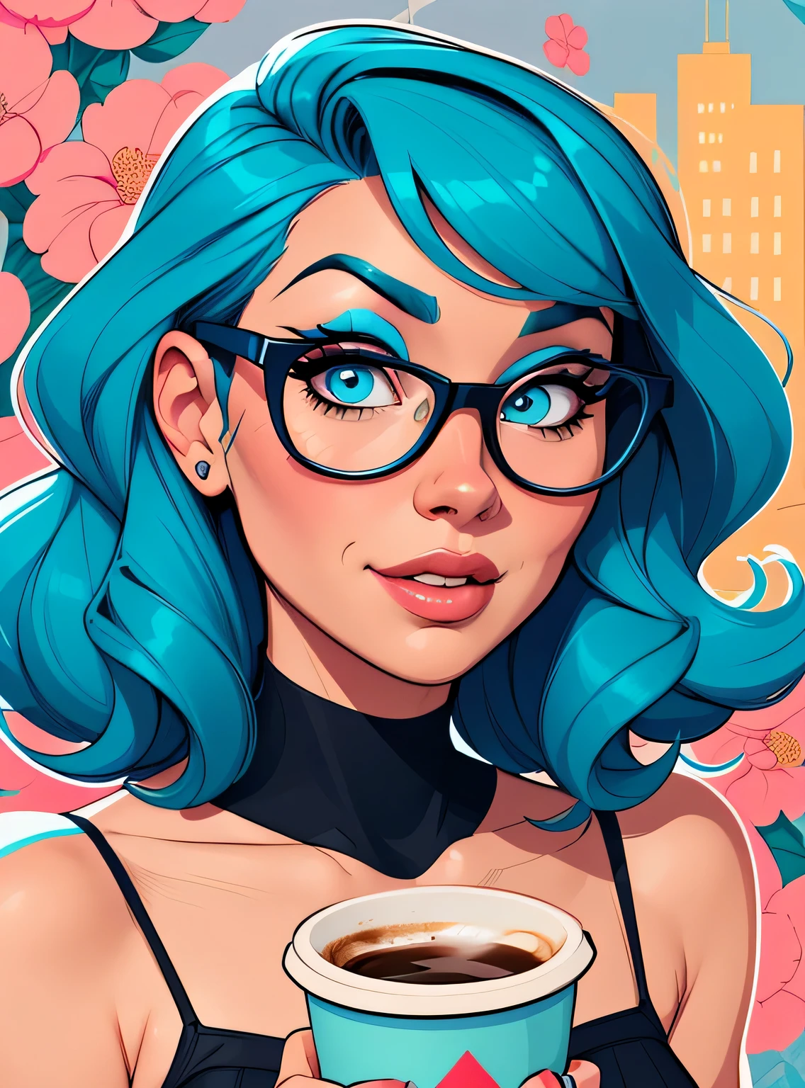 (estilo de desenho animado:1.2), Imagem de desenho animado de uma mulher com grande cabelo azul, cups and coffee, garota funky super fofa, cartoon style illustration, estilo de arte dos desenhos animados, estilo de arte dos desenhos animados, digital illustration style, design de personagens altamente detalhado, arte digital detalhada fofa, City Girl Fan Art, design de personagem retrato, beautiful digital illustration, retrato de alta qualidade, arte em quadrinhos, retrato do design do personagem, fundo floral