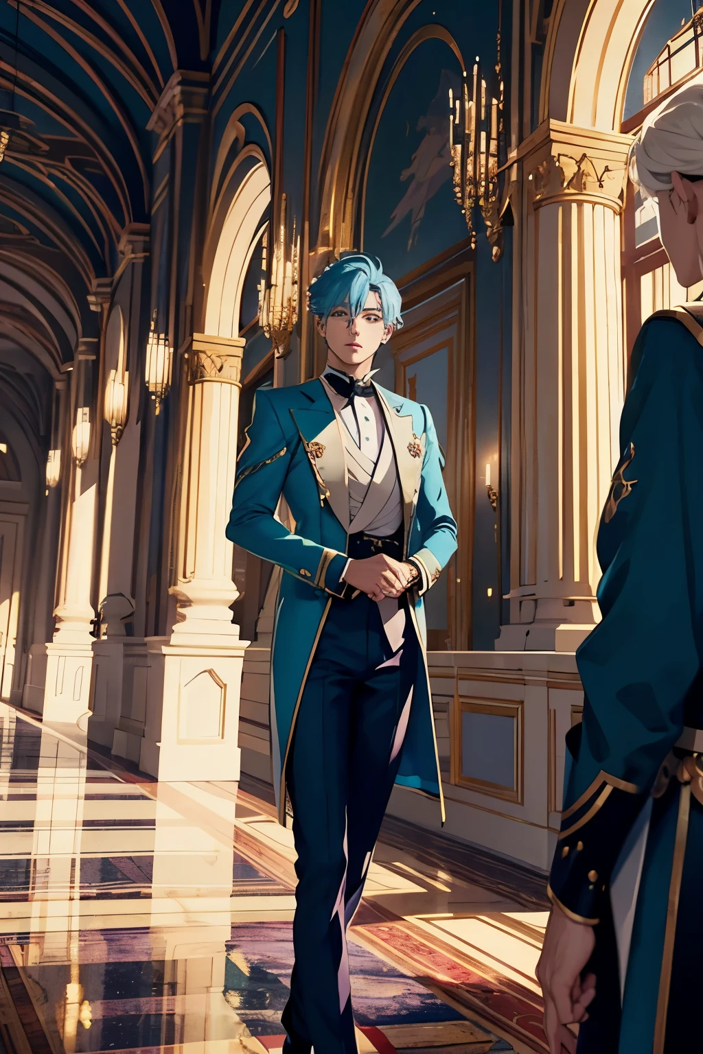 Develop an immersive scene in a sci-fi palace with 3 princely men, onde Kim, a male prince with platinum hair, vestindo roupas brancas e emanando um ar empoderado, is immersed in a nocturnal conversation with two other male princes. J, a blond-haired male prince in peridot green attire, e T, An anime-style blue-haired man prince wearing purple clothes. The meeting takes place in a grand hall, com destaque para detalhes elaborados, majestic pillars and futuristic decorations.
Focus on capturing each prince's unique expressions during the conversation, conveying Kim's distinct dynamics and personality, J e T. Destaque o ar de empoderamento de Kim, a vitalidade de J e a excentricidade de T.
Quanto ao ambiente, Accentuate the grandeur of the palace hall with carefully crafted night lighting. Use the red moonlight in the sky to create a mysterious atmosphere and pay attention to details in indoor lighting, destacando reflexos nas vestes e rostos dos personagens.
Maintain a color palette that highlights the uniqueness of each character and contributes to the nocturnal and luxurious atmosphere of the palace. Certifique-se de que a qualidade da imagem seja excepcional, ensuring an impactful, detail-rich visual representation for this intriguing evening gathering.