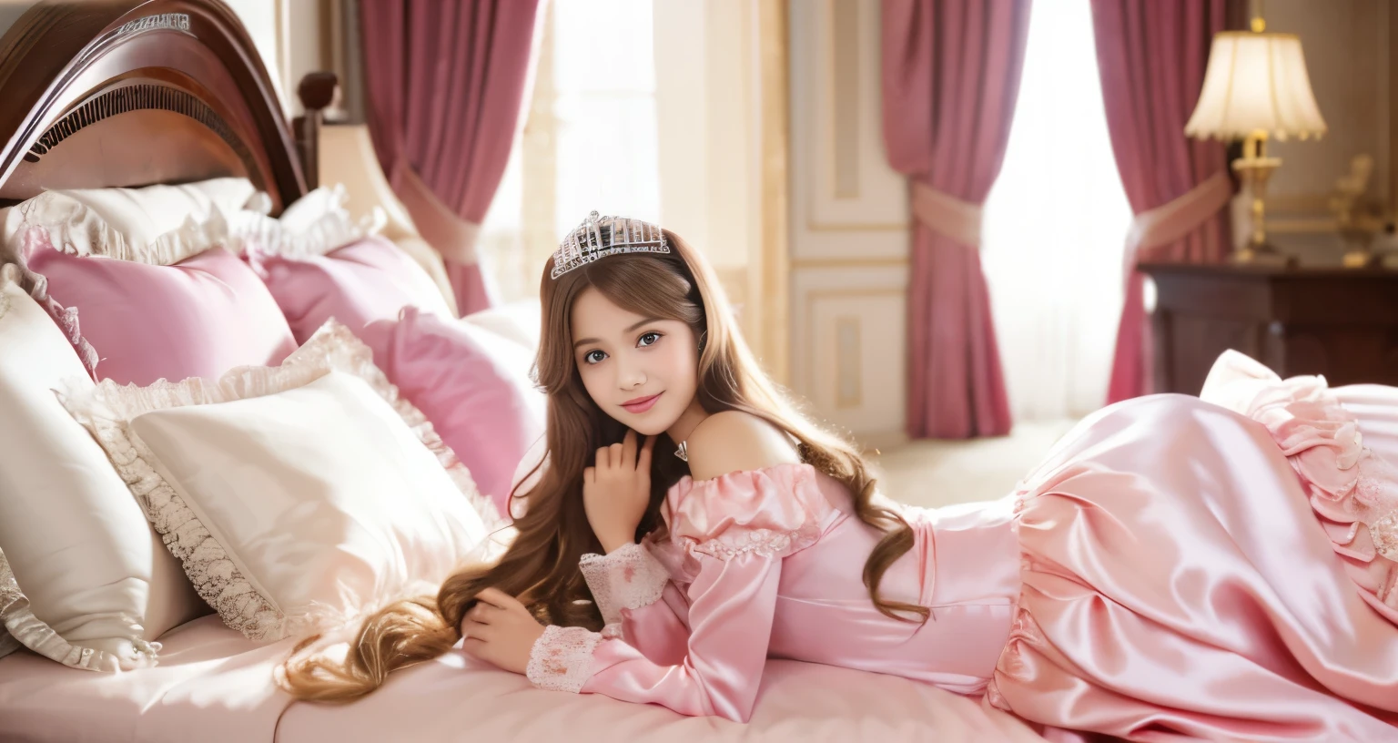 ,highest quality, masterpiece, highest resolution, artwork, super それにget used to it, many get used to it, get used to it, それにget used to it, 3K realistic photos,,(( When I was 10 years old)),Super detailed baby face,She is a princess,Full length ball gown dress with hoop skirt,ruffled yoke collar,puff sleeves,long sleeve,((Lolita style hot pink detailed princess satin dress、Comes with lots of frills and ribbons。)),colorful rococo fashion,shiny satin dress,Soft and smooth fabric,luxury,long blonde hair,blue eyes,white skin european,pajamas,((inside the palace)),,,(( When I was 10 years old)),Super detailed baby face,Full length ball gown dress with hoop skirt,long skirt,ruffled yoke collar,puff sleeves,腰まで伸びるlong blonde hair,blue eyes,white skin european,pajamas,((inside the palace bedroom)),ピンクのシルクサテンのluxuryなcanopy bedの上,canopy bed,Luxurious curtains on both sides of the bed,many frilly pillows on the bed,super detailed background,Detailed bed,romantic atmosphere,little princess is lying on the bed,hug a pink pillow,((((Both legs are hidden in the dress)))),the dress is spread out on the bed,soft pink silk satin comforter,soft silk satin ruffled pillow,Beautiful girl illustration,detailed beautiful face detailed hair,detailed human eye ,detailed mouth, arm details,detailed hands,Detailed pillow,