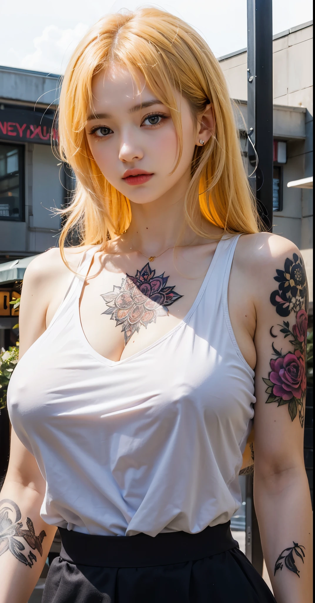 blond woman with tattoos on her chest and chest, seductive reallistic girl, semirealistic reallistic style, realistic style, detailed reallistic, clean detailed reallistic, attractive reallistic girl, fine details, beautiful alluring reallistic woman, realistic photoshoot style, beautiful realism style, cocolia rand, cocolia honkai star rail, purple eyes, light purple eyes, big breast, large breast,