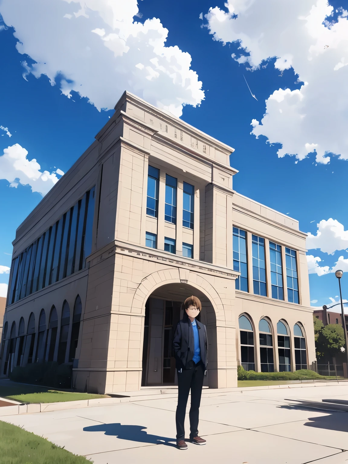 Standing in front of the UA high school, blue sky with a few clouds in the sky. 