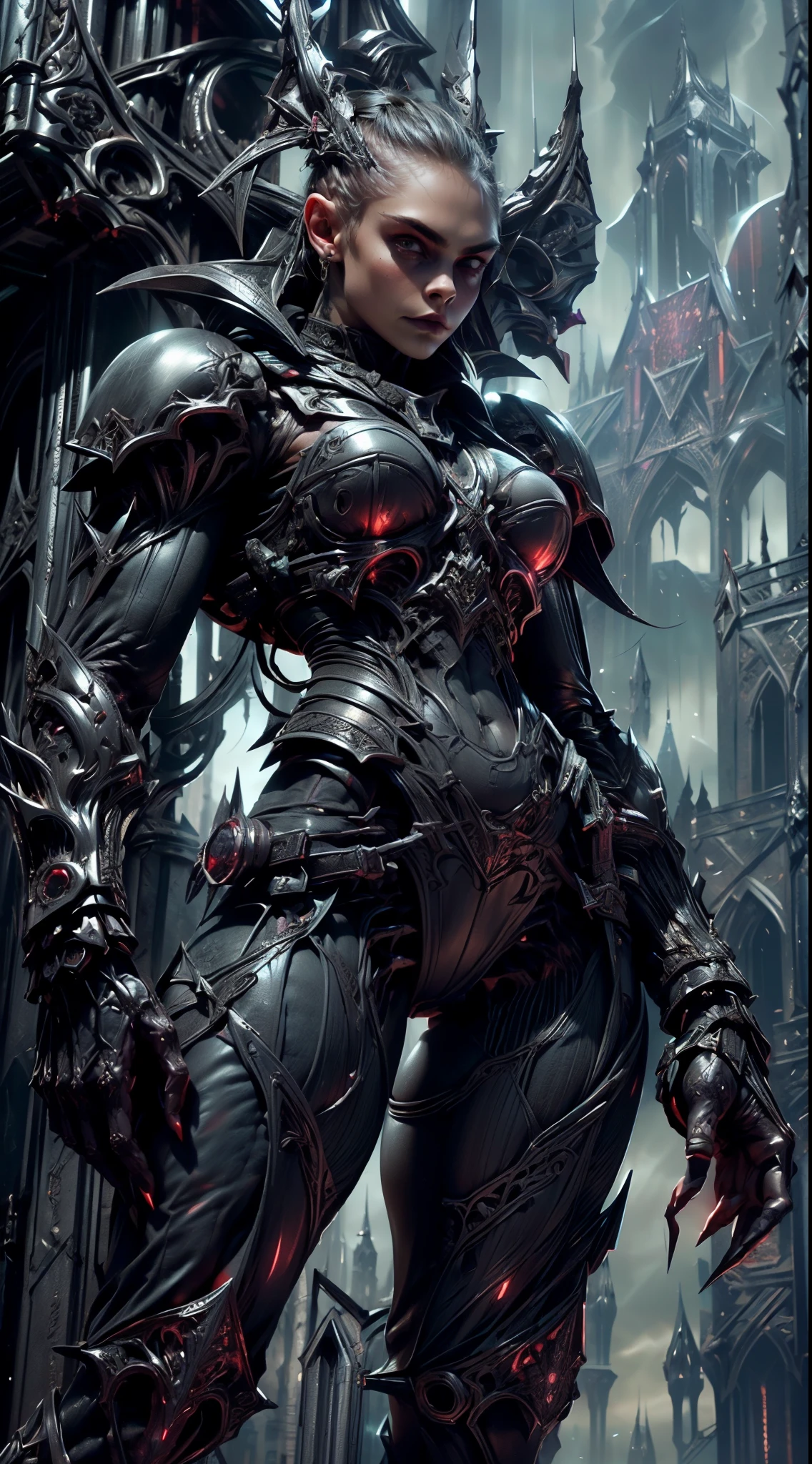 (1 girl), (cara delevingne:1.25), Beautiful muscular armoured vampire girl standing on cathedral looking at the moon, (gothic vampire body armor:1.25), (extreme muscular definition:1.5), (large muscular vascular breasts:1.25), (huge muscular arms:1.5,) (10-pack abs:1.4), (lots of veins:1.25), thin legs, Realistic, Very detailed face and eyes, masterpiece