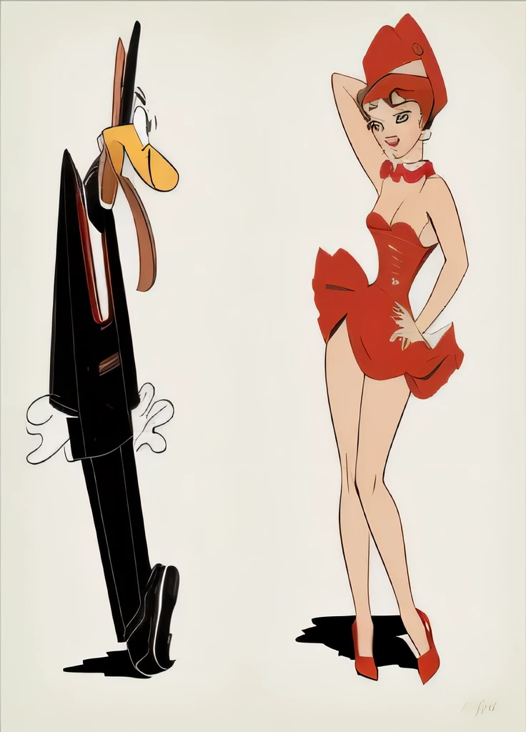 desenho de uma mulher com um vestido vermelho e um cachorro de smoking, por Tex Avery, inspired por Tex Avery, Chuck Jones, Hanna faz a barba style, por Roy Dalgarno, por Bob Singer, por Bruce Timm, por Hugh Hughes, 1 9 6 0 estilo cartoon, estilo maluco dos desenhos animados, 1 9 5 0 s arte conceitual, Hanna faz a barba