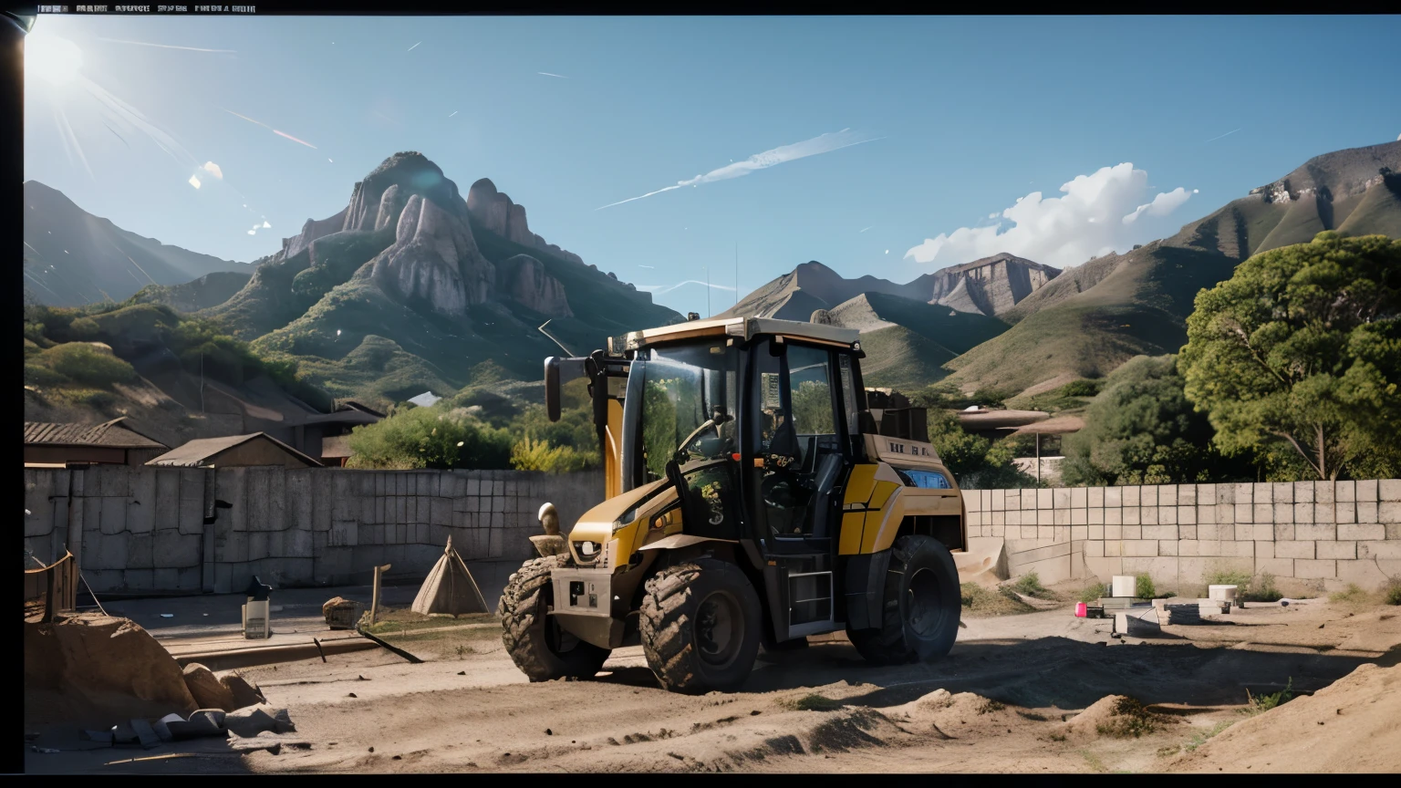 film still YELLOW XCMG loader machine parked at a construction site. Realistic photo of a concrete construction in the foreground passing quickly over a mountain in Minas Gerais, in the background we see concrete machines and stones and cement, late afternoon light. Shot with 25mm lens, shutter speed 1/1000, F/22, white balance, 32k, super resolution, Pro Photo RGB, half backlight, backlight, dramatic lighting, incandescent, soft lighting, volumetric, Conte -Jour, Global Illumination, Screen Space Global Illumination, Dispersion, Shadows, Roughness, Flicker, Lumen Reflections, Screen Space Reflections, Diffraction Rating, Chromatic Aberration, GB Shift, Scan Lines, Ambient Occlusion, anti-aliasing, FKAA, TXAA, RTX, SSAO, OpenGL-Shaders, Ultra-realistic 4k post