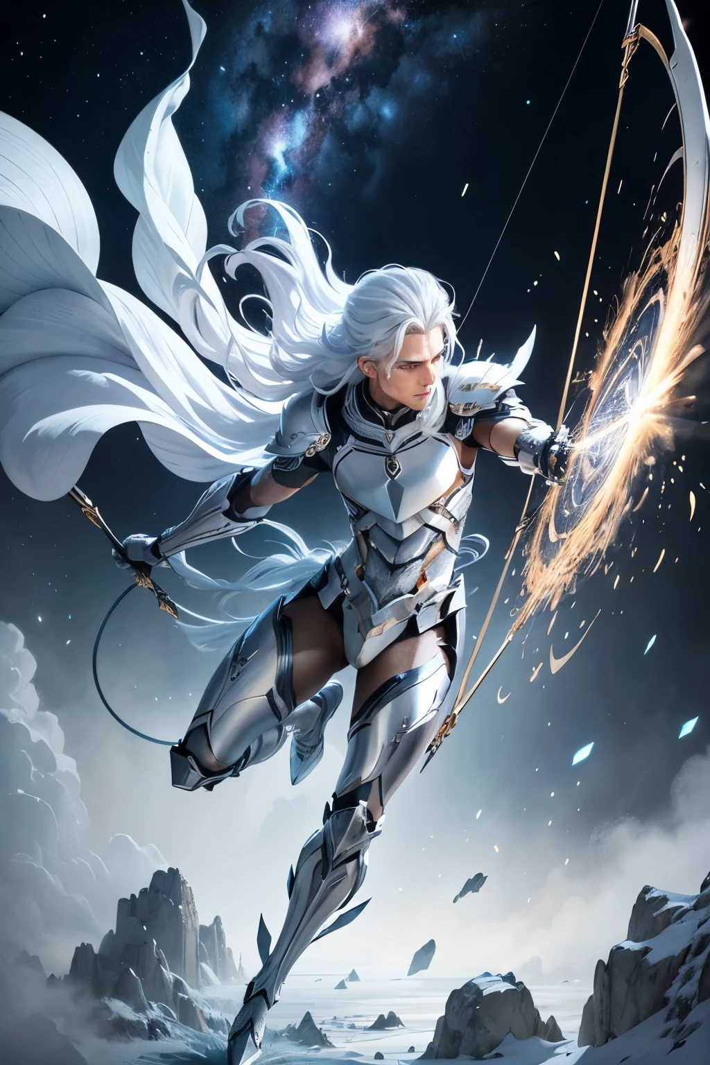 Sagittarius zodiac sign, Futurism, silver and dynamic, Man with bow Fantasy Action armor Silver hair Full body White Blue rays Galaxy background with lines of force and movement Add silver armor Upgrade Add archer White beast Lightning effects Bow and Arrow, cabello blanco como la nieve, estilo de Boccioni, Elegant, watercolor, printable in 8K, best quality, masterpiece, detailed.