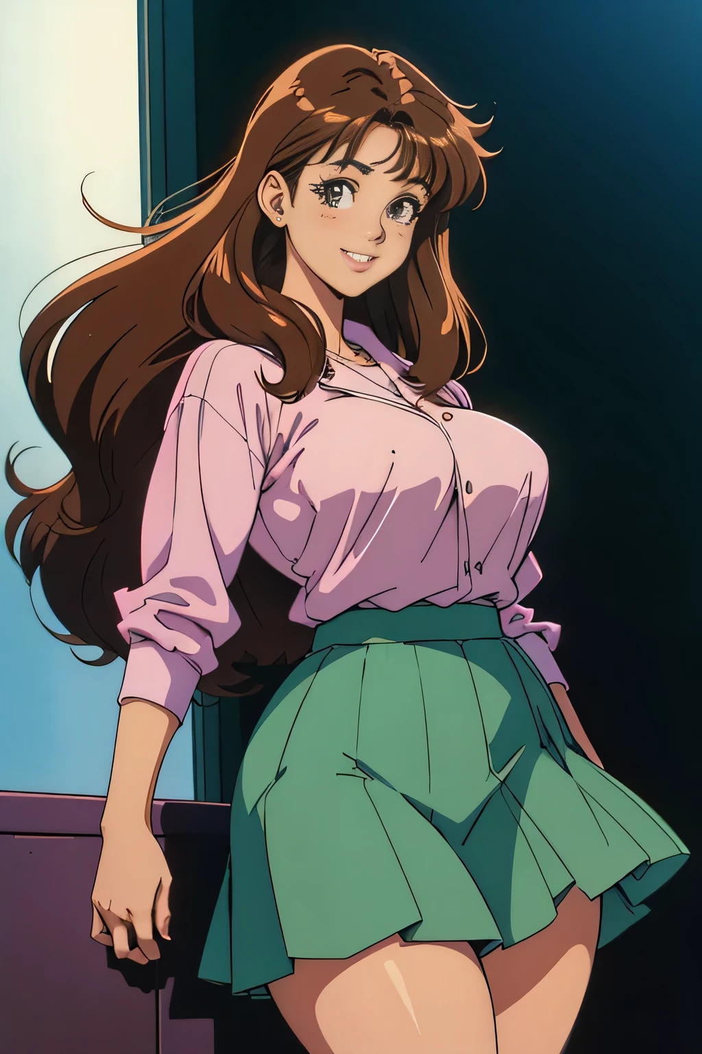 pretty girl from an 80s anime, 80s anime fog, static like from an 80s anime, 1980s \(style\), smiling, long hair, action anime, thick thighs, intricate layers, 80s OVA, thick lips, green skirt, outfit, school girl outfit, young girl, brown hair, nerdy woman