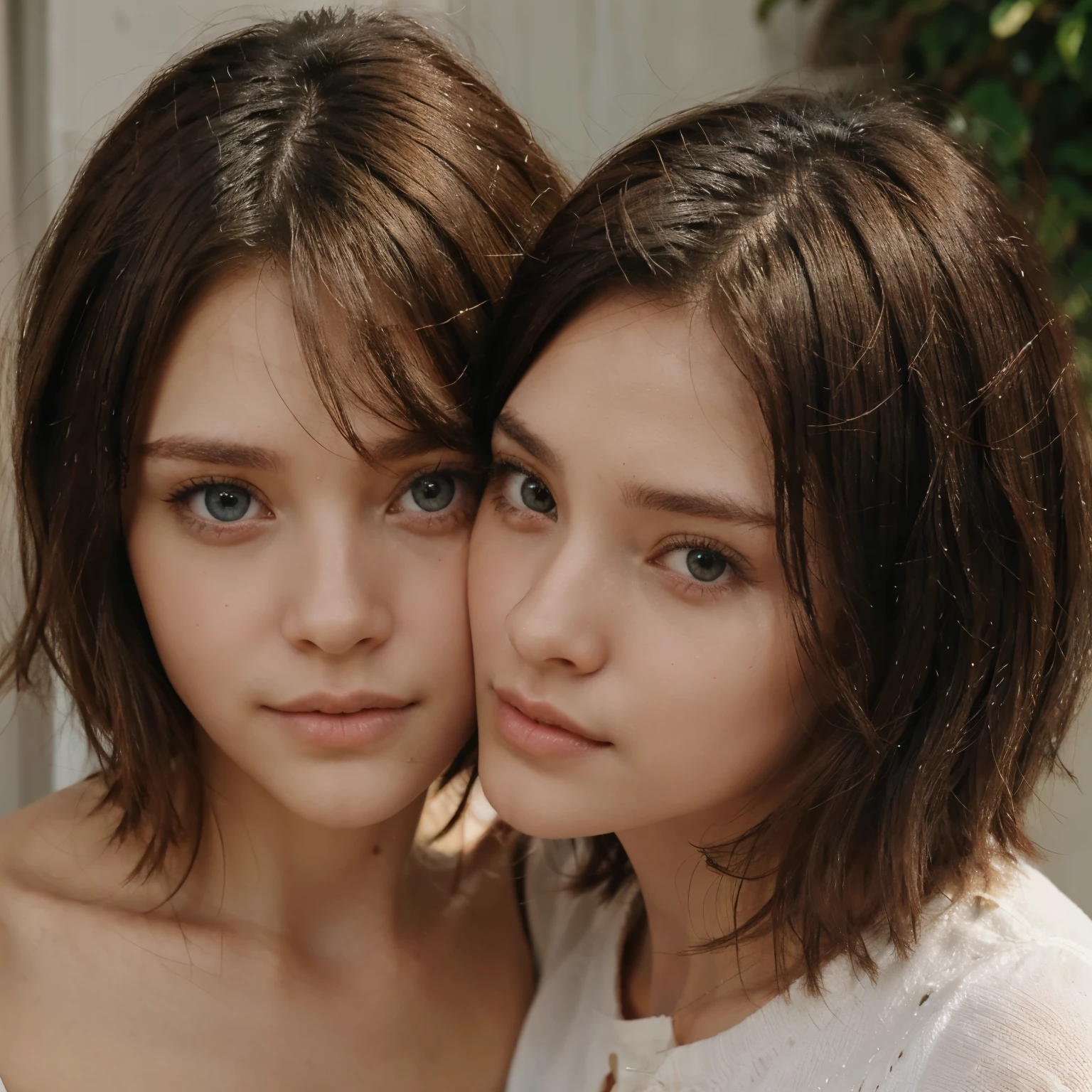 Gemelas, one with green eyes and short brown hair, la otra con ojos azules claros cabello hasta los hombros de color rojo, abrazadas con ropas modernas