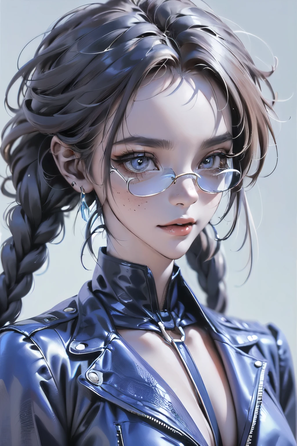 Masterpiece. High-quality, technological, art. A modern dark-skinned girl, with neatly styled Afro braids on her head, looks into the future. in front of the eyes are virtual reality glasses, a virtual reality device. Light blue background, a high-tech product, the aluminum body of the glasses is framed by massive, black glossy glass, a wide strap - the mount conveniently goes around the oval of the head (white plastic case, the charger wire falls along the neckline. Digital technologies, virtual reality, network services. She is a beautiful girl with virtual reality glasses on her face. Very beautiful - well-groomed girl, with clear skin, regular features, beautiful lips, and a slight smile on her face. Beautiful figure, modern clothes, cool modern couture dress. Presentation background, neutral gray-blue, in virtual space. Highest quality, 16 K. FUL HD, cinematic rendering. Create a piece of art that captures the unique beauty of Baby Michela, Famous Digital Influencer. Focus on her unique facial expression as she looks directly into the camera, taking care to convey the intensity of her piercing blue eyes. Accurately represent her signature style with Spanish style hair styled in two carefully crafted chignons. Add details that reflect her charming and avant-garde personality, We took care to convey the aura of modernity and originality that defines Lil Miquela in the digital world, Some freckles and nevi, and short hair wrapped