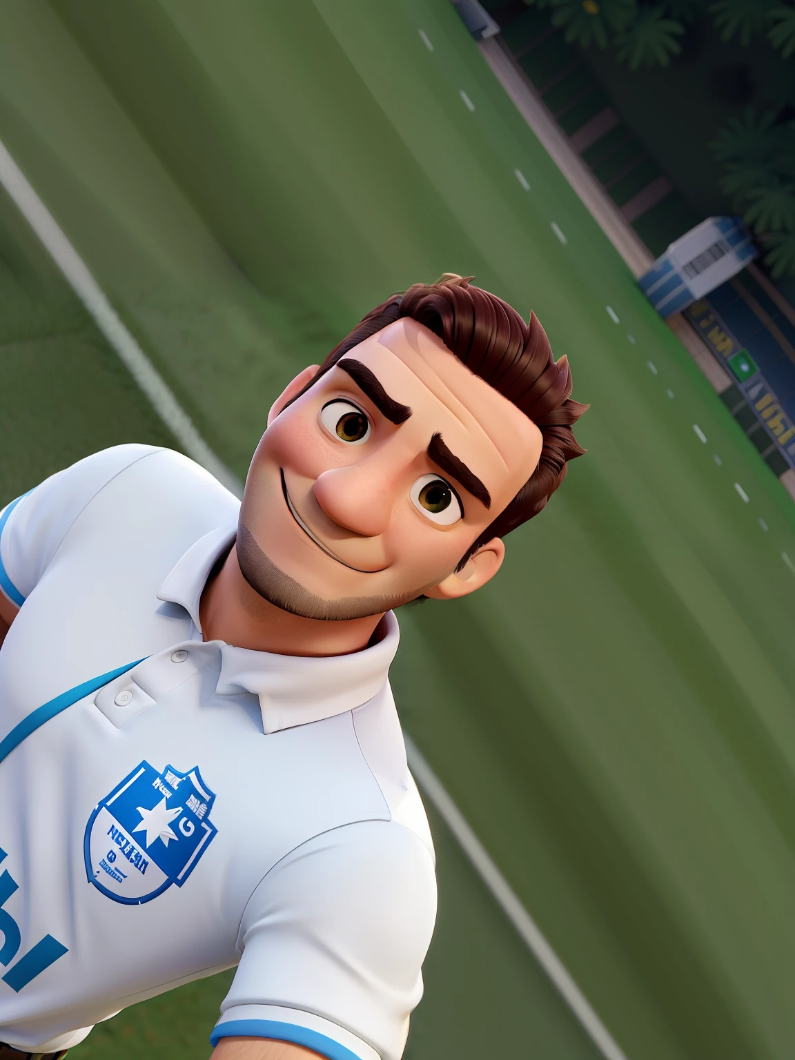 um homem tirando uma selfie aparentando ter 29 ano, estilo pixar, com rosto afilado alta qualidade , melhor qualidade usando camisa de futebol do time "palmeiras" de futebol clube