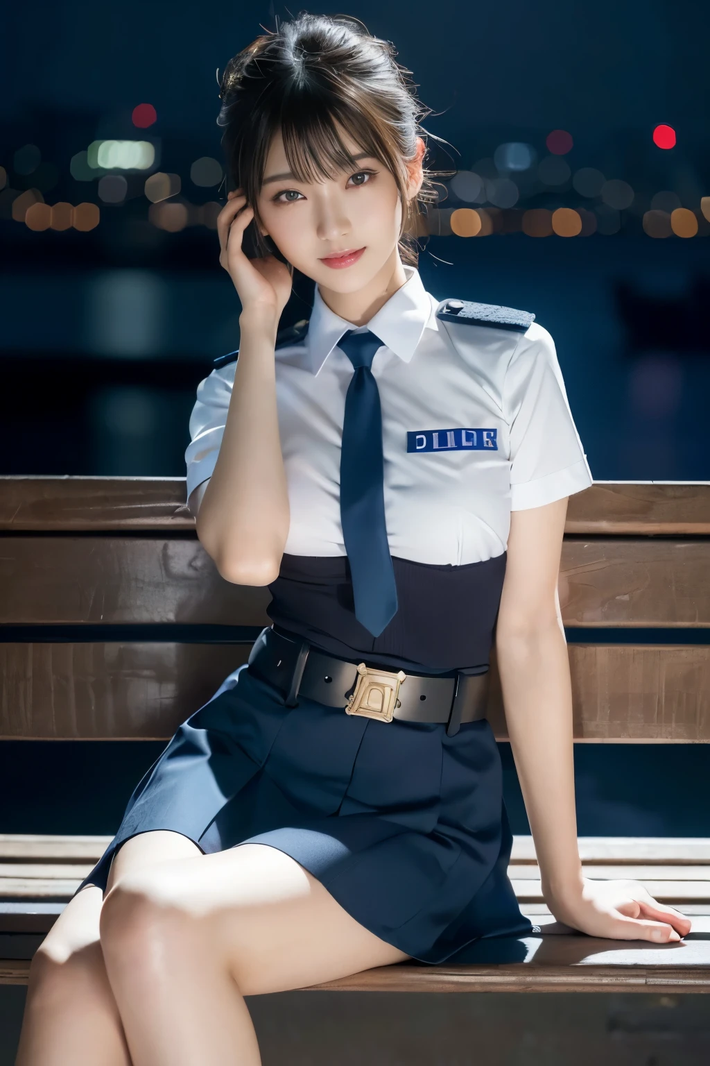 Innocent 20 year old girl、((Japan Police Officer, sexy police uniform, Skirt, Cute and elegant, Dramatic poses)),Smile,night city background,short-cut、Raw photo, (8K、top-quality、​masterpiece:1.2)、(intricate detailes:1.4)、(Photorealsitic:1.4)、octane renderings、Complex 3D rendering ultra detail, Studio Soft Light, Rim Lights, vibrant detail, super detailing, realistic skin textures, Detail Face, Beautiful detail eyes, Very detailed CG Unity 16k wallpaper, make - up, (detailedbackground:1.2), shinny skin, Full body,Hands down、Spread your legs and show your panties,sit on a bench