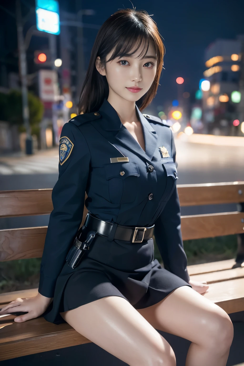 Innocent 20 year old girl、((Japan Police Officer, sexy police uniform, Skirt, Cute and elegant, Dramatic poses)),Smile,night city background,short-cut、Raw photo, (8K、top-quality、​masterpiece:1.2)、(intricate detailes:1.4)、(Photorealsitic:1.4)、octane renderings、Complex 3D rendering ultra detail, Studio Soft Light, Rim Lights, vibrant detail, super detailing, realistic skin textures, Detail Face, Beautiful detail eyes, Very detailed CG Unity 16k wallpaper, make - up, (detailedbackground:1.2), shinny skin, Full body,Hands down、Spread your legs and show your panties,sit on a bench