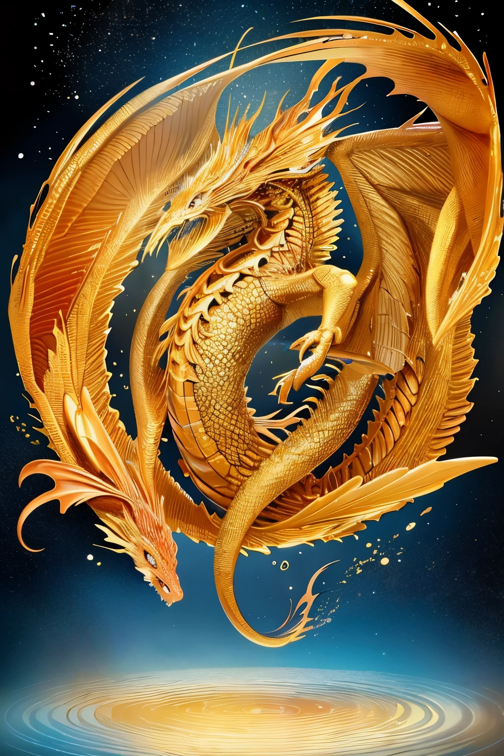 Gorgeous golden carp and dragon, masterpiece in anime style, beautifully detailed, vibrant gold colors shimmering, majestic dragon wings spread wide, carp swimming gracefully below, best quality rendering, ultra high definition 8k image, intricately designed scales, lifelike textures, cinematic lighting illuminating the scene, dragon's eyes gleaming with intelligence and power, carp's fins delicate and fluid, a captivating and immersive anime art piece.