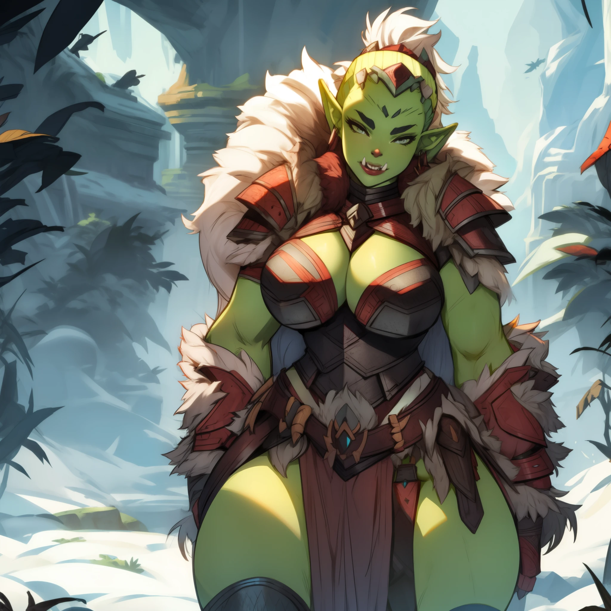 sexy female orc, alone, solo, (ALONE)(SOLO) wearing fur armor, busty, curvy