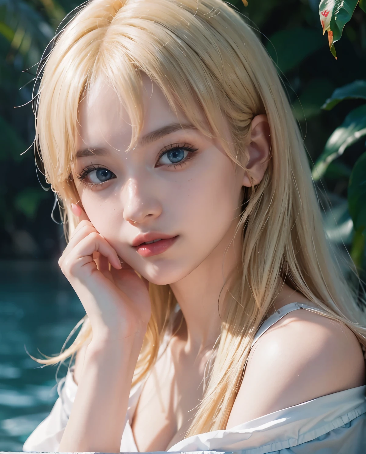 1girl, Blue eyes, (smile), (Sana Minatozaki), (Best Quality, 8k, Masterpiece: 1.3), (perfect hands and fingers :1.4), Clear Focus: 1.2, Perfect Body Beauty: 1.4, Highly detailed face and skin texture, detailed eyes, double eyelids, (blonde long hair whit blunt bangs :1.2), jewelry, looking at viewer, portrait, (close-up :1.2), red lips, hands on own face, hands on own cheeks, black cleavage t-shirt