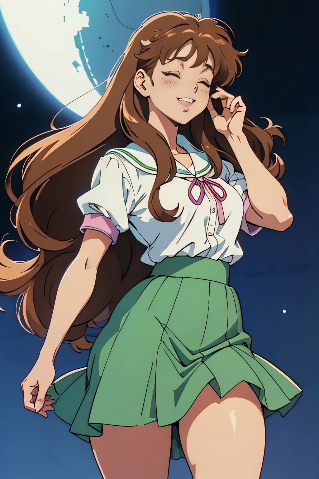 pretty girl from an 80s anime, 80s anime fog, static like from an 80s anime, 1980s \(style\), laughing, eyes closed, long hair, action anime, thick thighs, intricate layers, 80s OVA, thick lips, green skirt, outfit, white school girl outfit, young girl, brown hair, nerdy woman