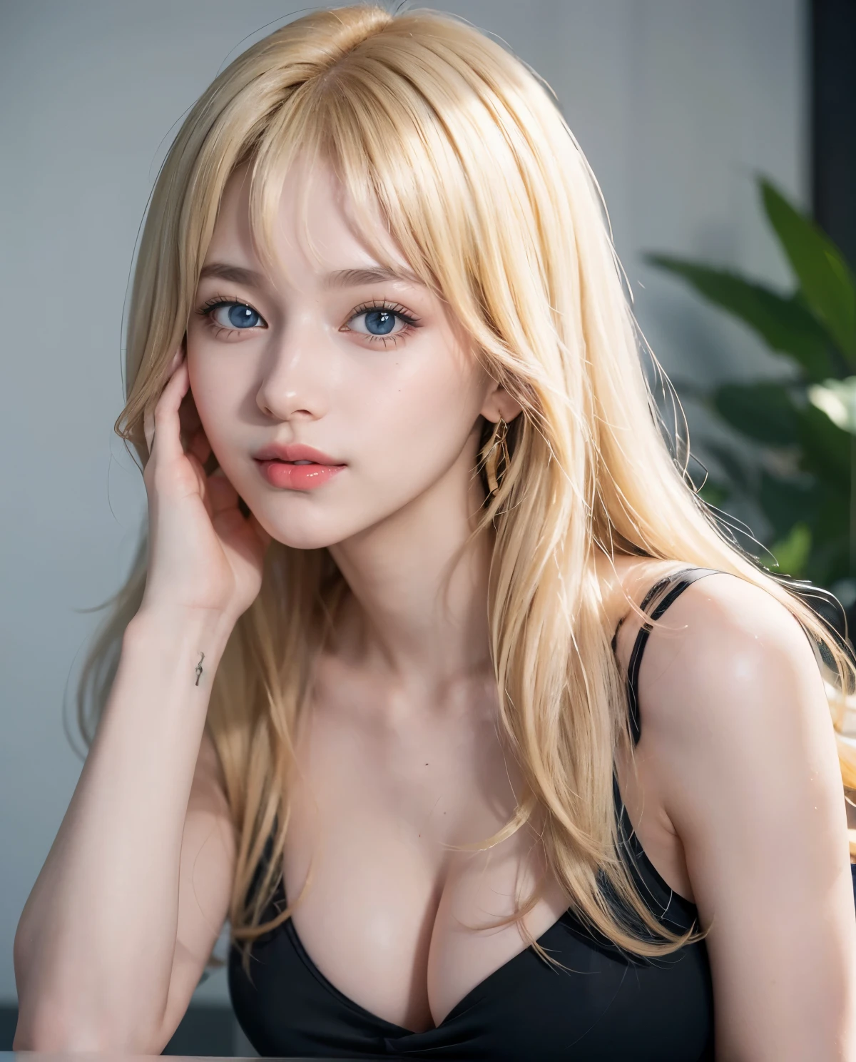 1girl, Blue eyes, (smile), (Sana Minatozaki), (Best Quality, 8k, Masterpiece: 1.3), (perfect hands and fingers :1.4), Clear Focus: 1.2, Perfect Body Beauty: 1.4, Highly detailed face and skin texture, detailed eyes, double eyelids, (blonde long hair whit blunt bangs :1.2), jewelry, looking at viewer, portrait, (close-up :1.2), red lips, hands on own face, hands on own cheeks, black cleavage t-shirt