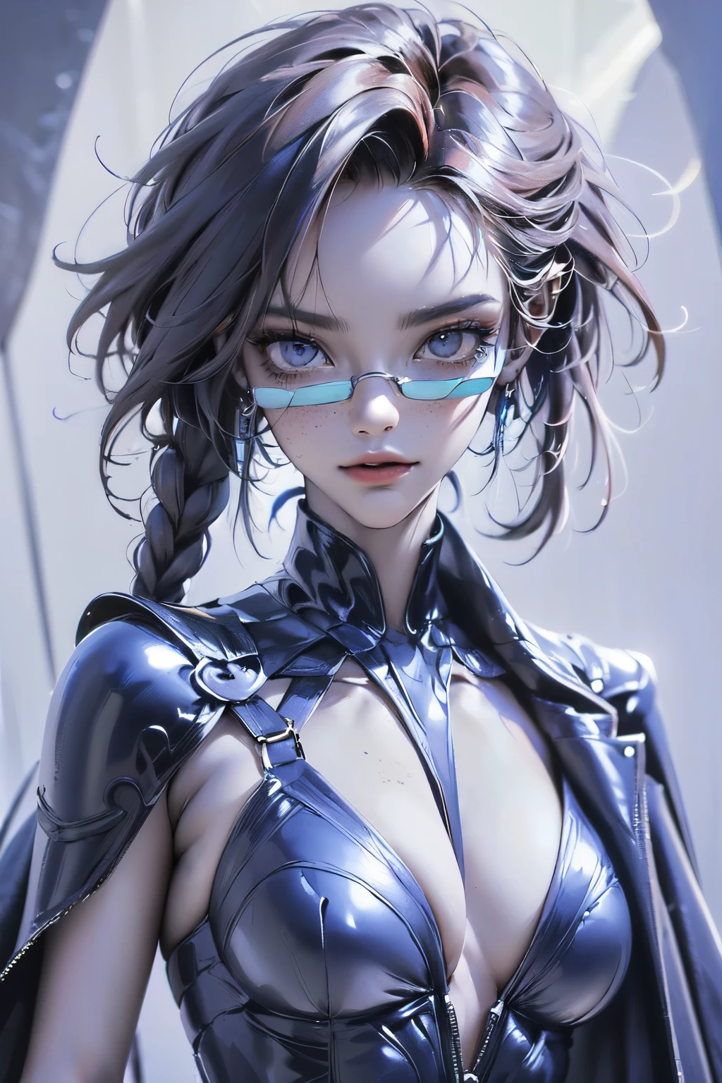 Masterpiece. High-quality, technological, art. A modern dark-skinned girl, with neatly styled Afro braids on her head, looks into the future. in front of the eyes are virtual reality glasses, a virtual reality device. Light blue background, a high-tech product, the aluminum body of the glasses is framed by massive, black glossy glass, a wide strap - the mount conveniently goes around the oval of the head (white plastic case, the charger wire falls along the neckline. Digital technologies, virtual reality, network services. She is a beautiful girl with virtual reality glasses on her face. Very beautiful - well-groomed girl, with clear skin, regular features, beautiful lips, and a slight smile on her face. Beautiful figure, modern clothes, cool modern couture dress. Presentation background, neutral gray-blue, in virtual space. Highest quality, 16 K. FUL HD, cinematic rendering. Create a piece of art that captures the unique beauty of Baby Michela, Famous Digital Influencer. Focus on her unique facial expression as she looks directly into the camera, taking care to convey the intensity of her piercing blue eyes. Accurately represent her signature style with Spanish style hair styled in two carefully crafted chignons. Add details that reflect her charming and avant-garde personality, We took care to convey the aura of modernity and originality that defines Lil Miquela in the digital world, Some freckles and nevi, and short hair wrapped