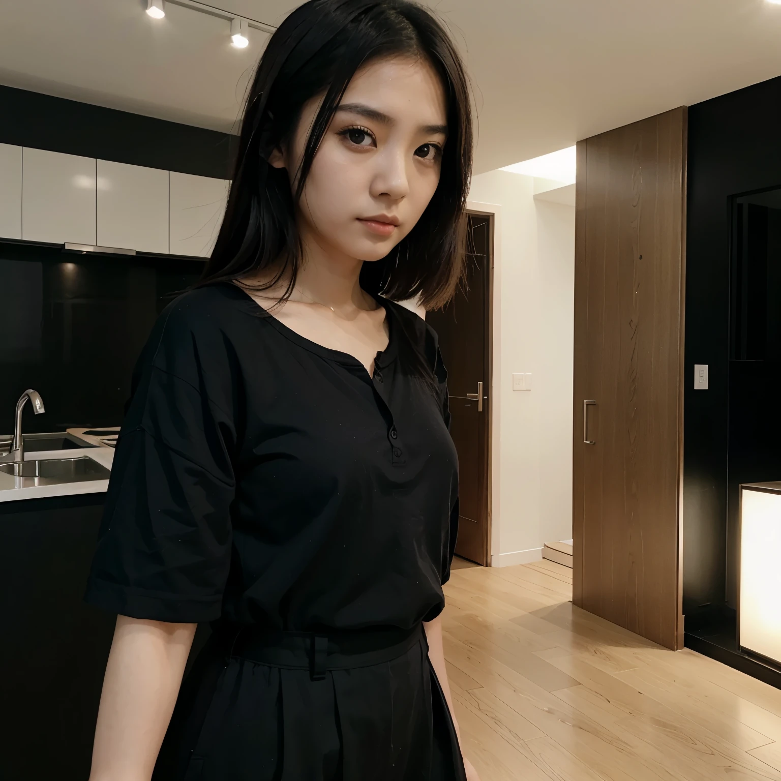 Asian girl with dark circles dressed in black in modern house