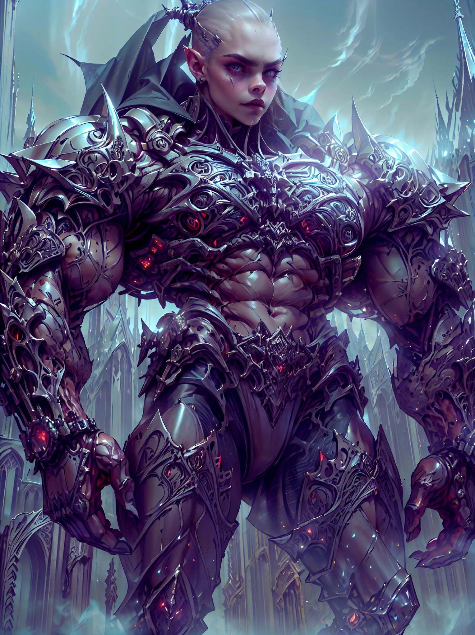 (1 girl), (cara delevingne:1.25), Beautiful muscular armoured vampire girl standing on cathedral looking at the moon, (gothic vampire body armor:1.25), (extreme muscular definition:1.5), (large muscular vascular breasts:1.25), (huge muscular arms:1.5,) (10-pack abs:1.4), (lots of veins:1.25), thin legs, Realistic, Very detailed face and eyes, masterpiece