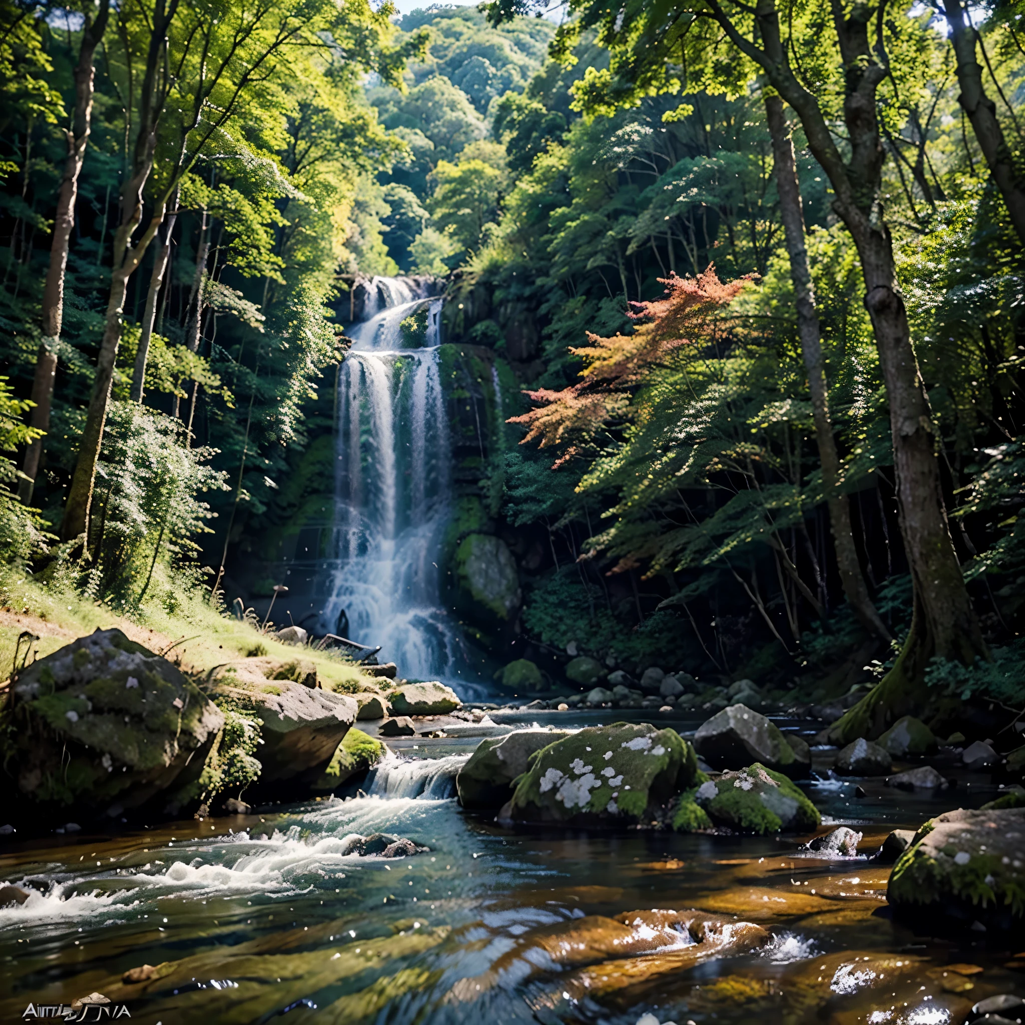 photo a stream running through a lush green forest full of trees, foto detalhada 4k, mountain river trees, papel de parede de paisagem de anime, bela arte uhd 4k, paisagem rural de anime, detailed scenery - width 672, linda pintura digital, Arte digital altamente detalhada em 4k, beautiful anime scenery, Arte detalhada de alta qualidade 8k, natureza dos animes wallpap, natureza dos animes, hyunjin stray kids