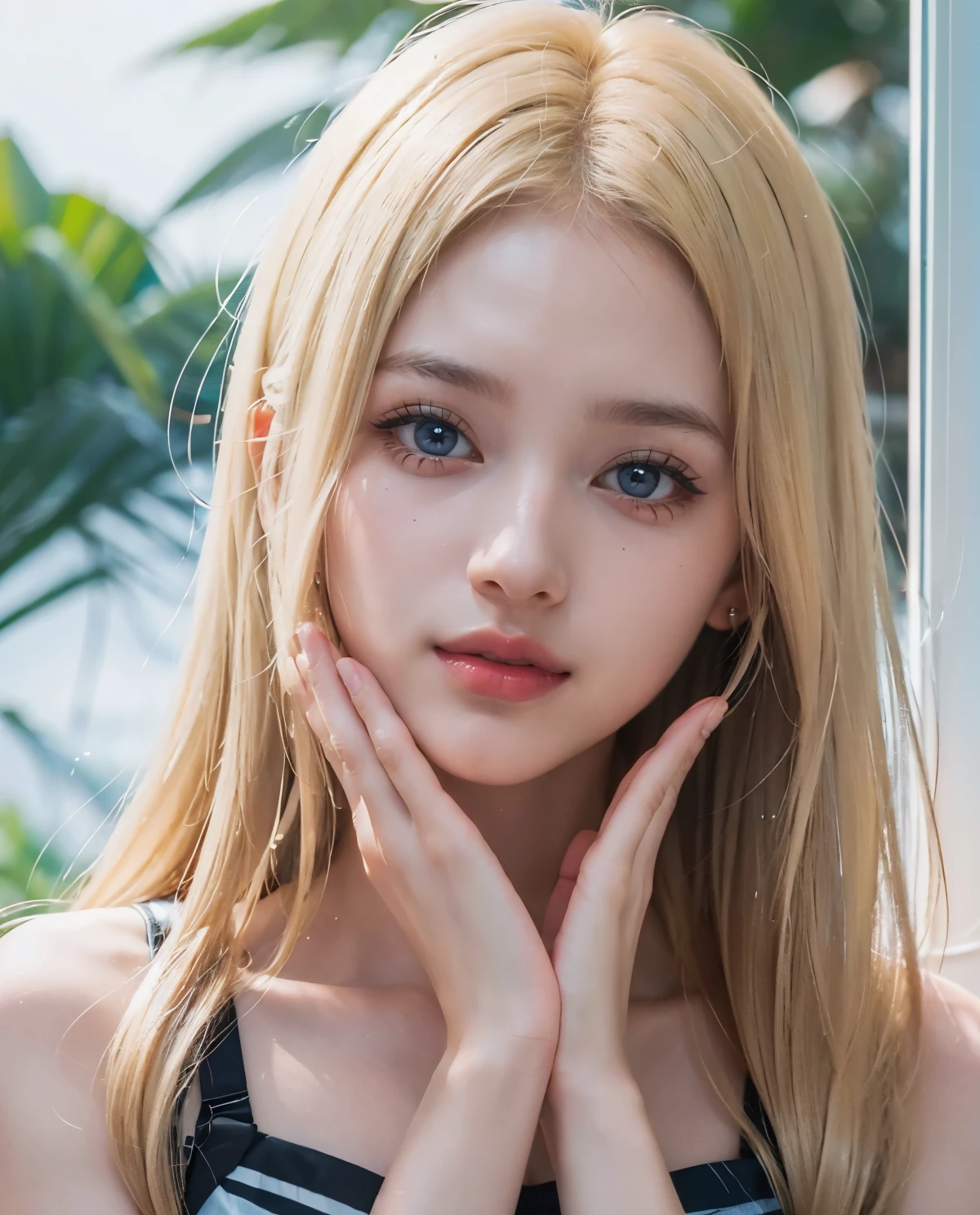 1girl, Blue eyes, (smile), (Sana Minatozaki), (Best Quality, 8k, Masterpiece: 1.3), (perfect hands and fingers :1.4), Clear Focus: 1.2, Perfect Body Beauty: 1.4, Highly detailed face and skin texture, detailed eyes, double eyelids, (blonde long hair whit blunt bangs :1.2), jewelry, looking at viewer, portrait, (close-up :1.2), red lips, hands on own face, hands on own cheeks, black cleavage t-shirt