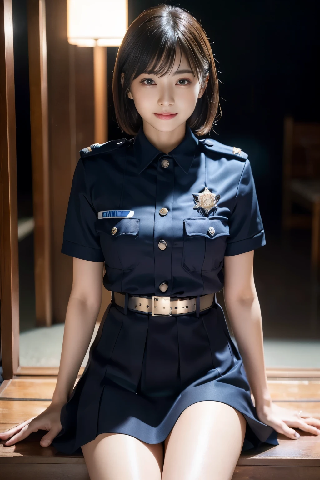 Innocent 20 year old girl、((Japan Police Officer, sexy police uniform, Skirt, Cute and elegant, Dramatic poses)),Smile,night city background,short-cut、Raw photo, (8K、top-quality、masterpiece:1.2)、(intricate detailes:1.4)、(Photorealsitic:1.4)、octane renderings、Complex 3D rendering ultra detail, Studio Soft Light, Rim Lights, vibrant detail, super detailing, realistic skin textures, Detail Face, Beautiful detail eyes, Very detailed CG Unity 16k wallpaper, make - up, (detailedbackground:1.2), shinny skin, Full body,Hands down、Spread your legs and show your panties,sit on a bench