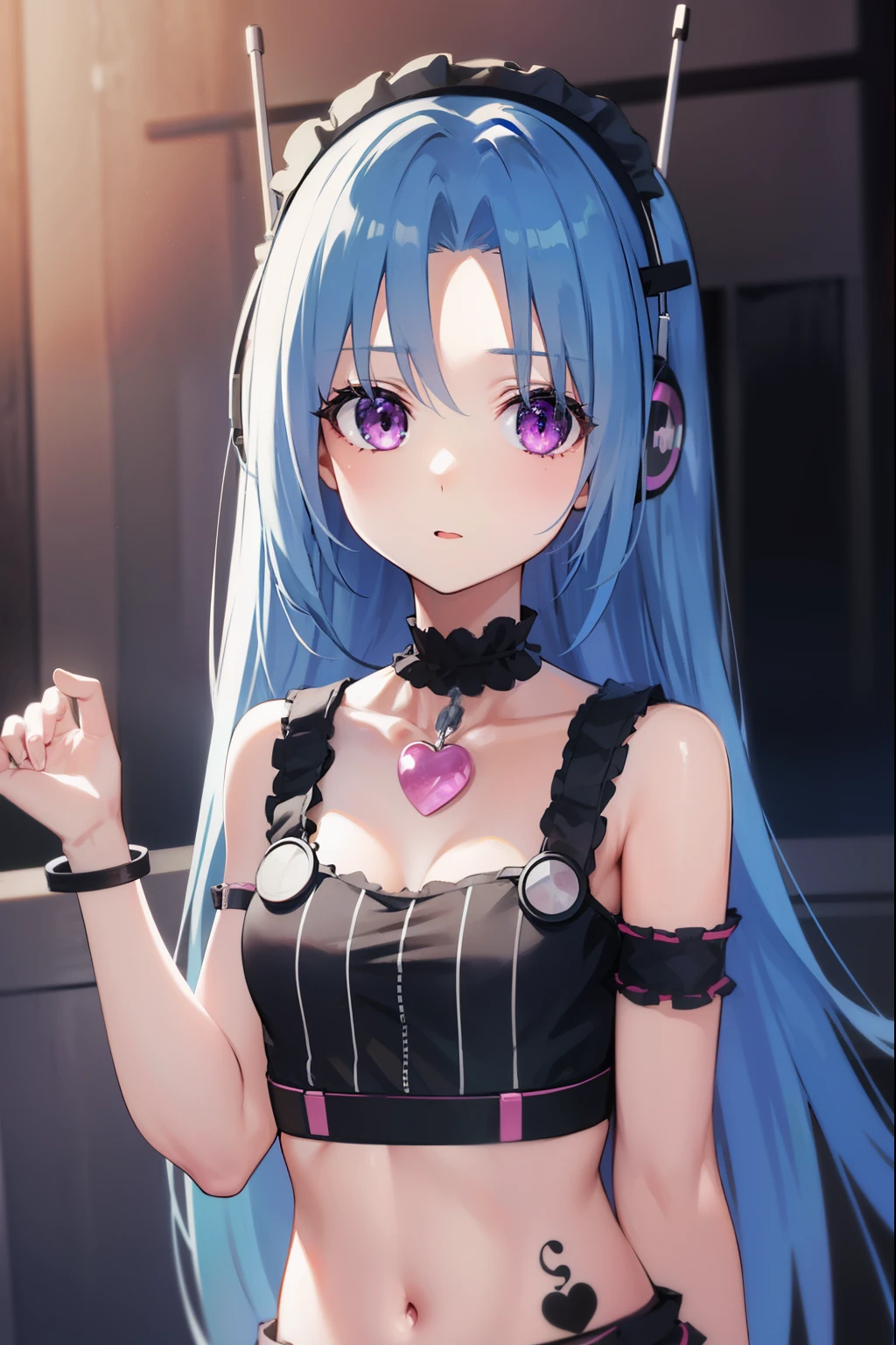 5pb, 5pb, blue hair, (purple eyes:1.1), long hair, (parted bangs:1.5), (small breasts:1.2),
BREAK headphones, midriff, skirt, tattoo, black skirt, choker, belt, pink belt, bracelet, heart, heart necklace, musical note, musical note print, sleeveless, sleeveless dress, frills, frilled skirt,
BREAK looking at viewer, upper body, fully body,
BREAK outdoors,
BREAK (masterpiece:1.2), best quality, high resolution, unity 8k wallpaper, (illustration:0.8), (beautiful detailed eyes:1.6), extremely detailed face, perfect lighting, extremely detailed CG, (perfect hands, perfect anatomy),