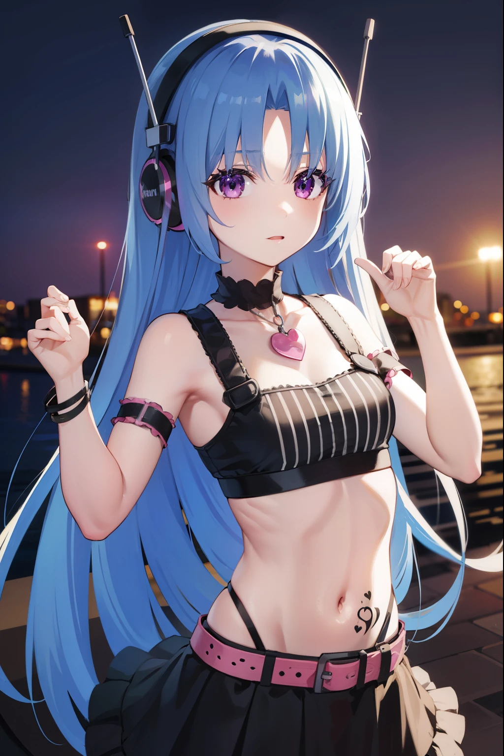 5pb, 5pb, blue hair, (purple eyes:1.1), long hair, (parted bangs:1.5), (small breasts:1.2),
BREAK headphones, midriff, skirt, tattoo, black skirt, choker, belt, pink belt, bracelet, heart, heart necklace, musical note, musical note print, sleeveless, sleeveless dress, frills, frilled skirt,
BREAK looking at viewer, upper body, fully body,
BREAK outdoors,
BREAK (masterpiece:1.2), best quality, high resolution, unity 8k wallpaper, (illustration:0.8), (beautiful detailed eyes:1.6), extremely detailed face, perfect lighting, extremely detailed CG, (perfect hands, perfect anatomy),
