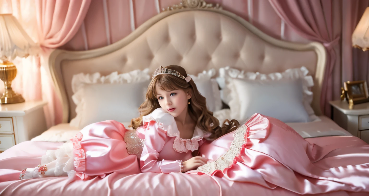 ,highest quality, masterpiece, highest resolution, artwork, super それにget used to it, many get used to it, get used to it, それにget used to it, 3K realistic photos,,(( When I was )),Super detailed baby face,She is a princess,Full length ball gown dress with hoop skirt,ruffled yoke collar,puff sleeves,long sleeve,((Lolita style pink detailed princess satin dress、Comes with lots of frills and ribbons。)),colorful rococo fashion,shiny satin dress,Soft and smooth fabric,luxury,long blonde hair,blue eyes,white skin european,pajamas,((inside the palace)),,,(( When I was 10 years old)),Sd baby face,Full length ball gown dress with hoop skirt,long skirt,ruffled yoke collar,puff sleeves,腰まで伸びるlong blonde hair,blue eyes,white skin european,pajamas,((inside the palace bedroom)),ピンクのシルクサテンのluxuryなcanopy bedの上,canopy bed,Luxurious curtains on both sides of the bed,many frilly pillows on the bed,super detailed background,Detailed bed,romantic atmosphere,little princess is lying on the bed,hug a pink pillow,((((Both legs are hidden in the dress)))),the dress is spread out on the bed,soft pink silk satin comforter,soft silk satin ruffled pillow,Beautiful girl illustration,detailed beautiful face detailed hair,detailed human eye ,detailed mouth, arm details,detailed hands,Detailed pillow,