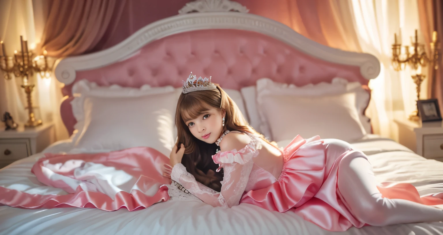 ,highest quality, masterpiece, highest resolution, artwork, super それにget used to it, many get used to it, get used to it, それにget used to it, 3K realistic photos,,(( When I was )),Super detailed baby face,She is a princess,Full length ball gown dress with hoop skirt,ruffled yoke collar,puff sleeves,long sleeve,((Lolita style pink detailed princess satin dress、Comes with lots of frills and ribbons。)),colorful rococo fashion,shiny satin dress,Soft and smooth fabric,luxury,long blonde hair,blue eyes,white skin european,pajamas,((inside the palace)),,,(( When I was 10 years old)),Sd baby face,Full length ball gown dress with hoop skirt,long skirt,ruffled yoke collar,puff sleeves,腰まで伸びるlong blonde hair,blue eyes,white skin european,pajamas,((inside the palace bedroom)),ピンクのシルクサテンのluxuryなcanopy bedの上,canopy bed,Luxurious curtains on both sides of the bed,many frilly pillows on the bed,super detailed background,Detailed bed,romantic atmosphere,little princess is lying on the bed,hug a big pink pillow,((((Both legs are hidden in the dress)))),the dress is spread out on the bed,soft pink silk satin comforter,soft silk satin ruffled pillow,Beautiful girl illustration,detailed beautiful face detailed hair,detailed human eye ,detailed mouth, arm details,detailed hands,Detailed pillow,