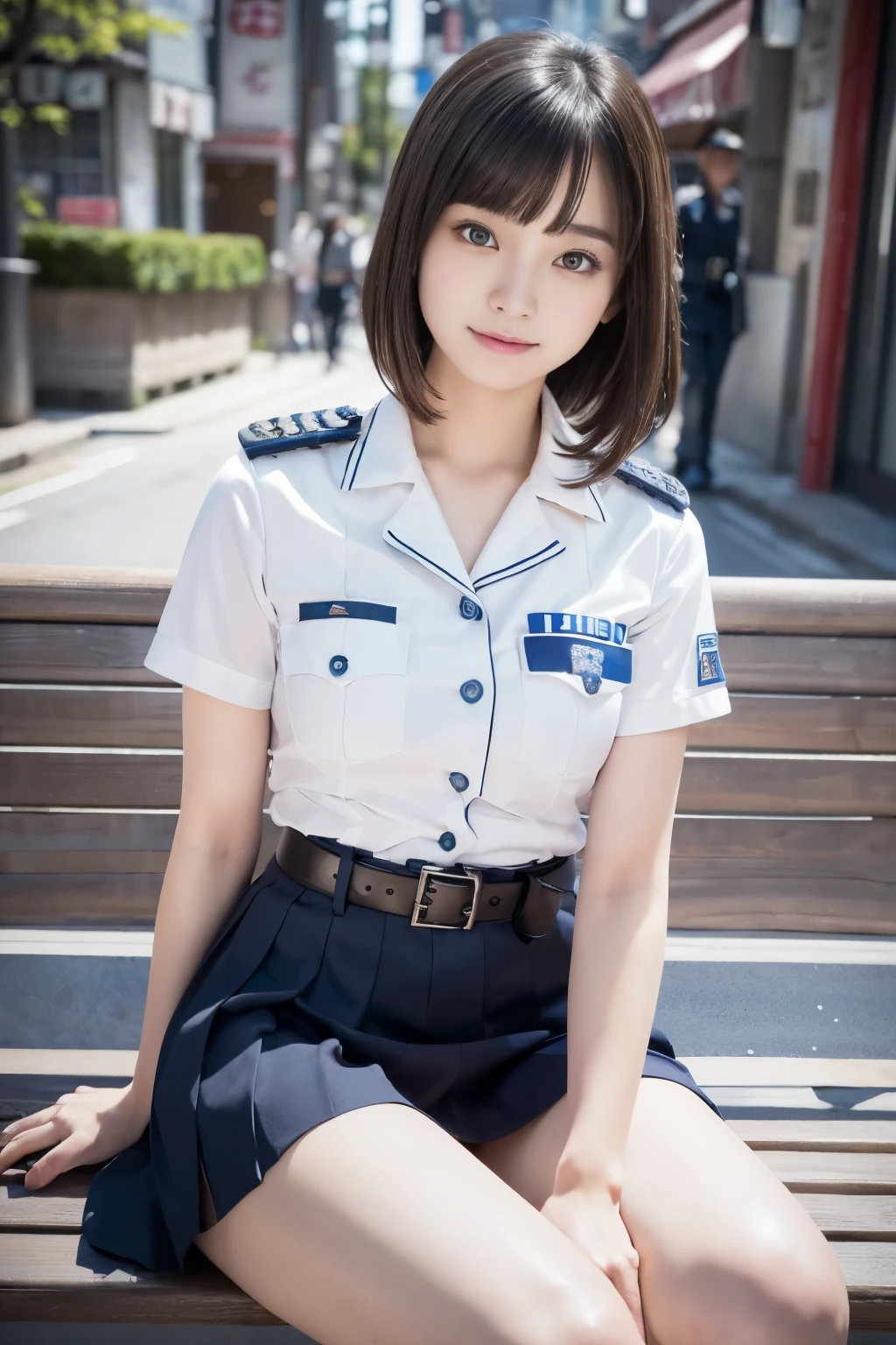 Innocent 20 year old girl、((Japan Police Officer, sexy police uniform, Skirt, Cute and elegant, Dramatic poses)),Smile,night city background,short-cut、Raw photo, (8K、top-quality、​masterpiece:1.2)、(intricate detailes:1.4)、(Photorealsitic:1.4)、octane renderings、Complex 3D rendering ultra detail, Studio Soft Light, Rim Lights, vibrant detail, super detailing, realistic skin textures, Detail Face, Beautiful detail eyes, Very detailed CG Unity 16k wallpaper, make - up, (detailedbackground:1.2), shinny skin, Full body,Hands down、Spread your legs and show your panties,sit on a bench