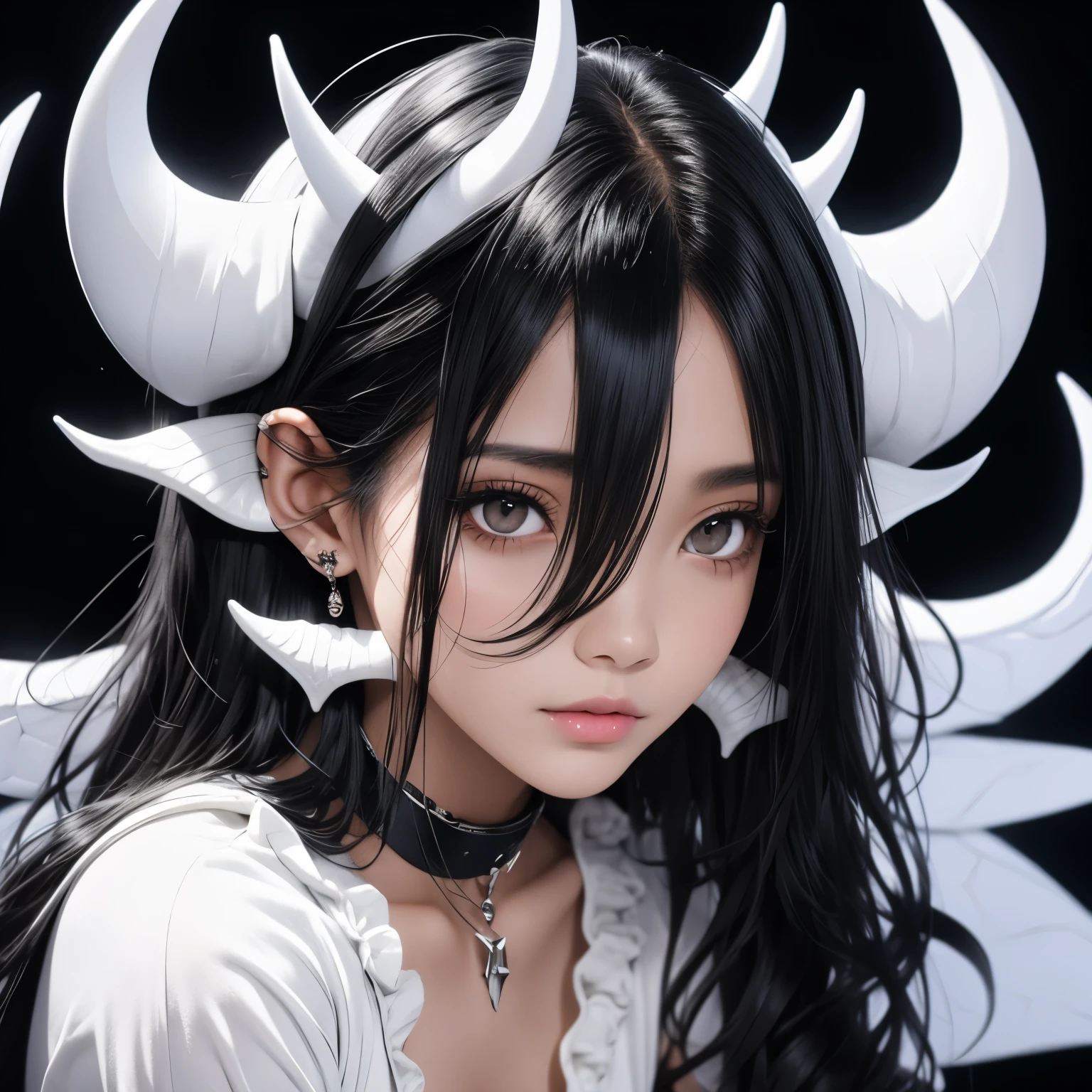 Black haired, white demon horns,