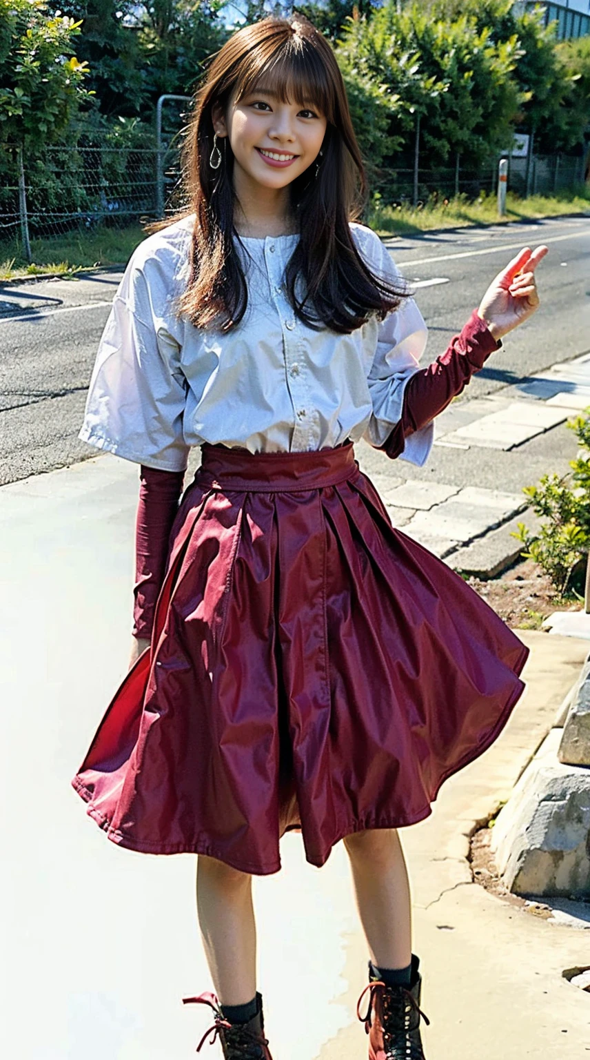 masterpiece, great work, whole body, 1 girl,  mini skirt, blush, bracelet, beautiful breasts, , gradient hair, long hair, looking at the audience, loose earrings, checked skirt, red eyes, ring, smile, alone,  fashion, woman, vitality,  take a pose, front, colorful,concentrated、whole body画像(1:5）、thin legs、Are standing、put your hands on your hips、idol costume、boots、whole body画像、Chest emphasis、pink costume、stand with legs apart