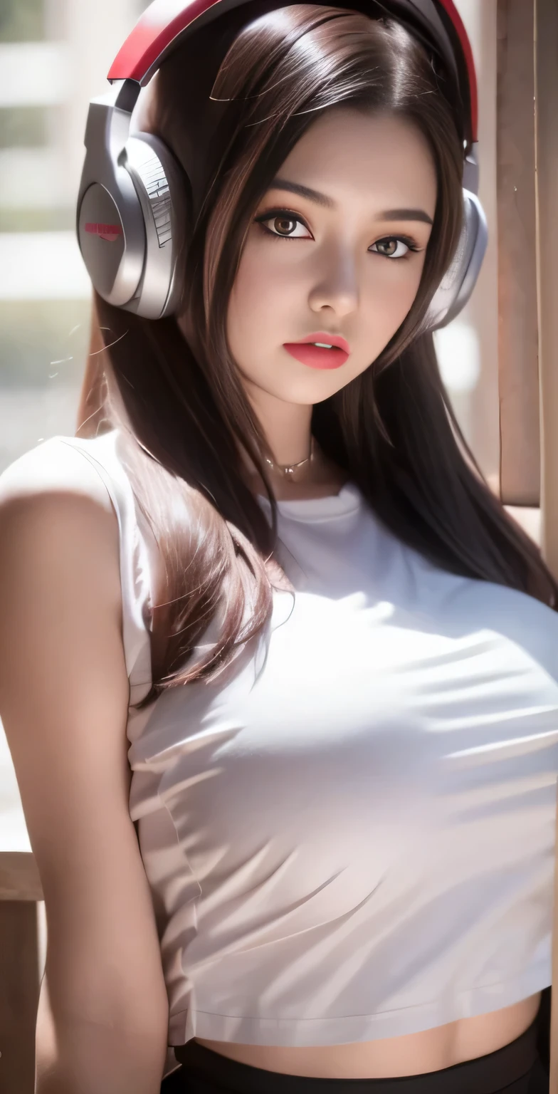 schoolgirls，dark brown hair，With silver headphones，green eyes，Red lips are attractive，The upper part of the body，white  shirt，cropped shoulders，huge ，
