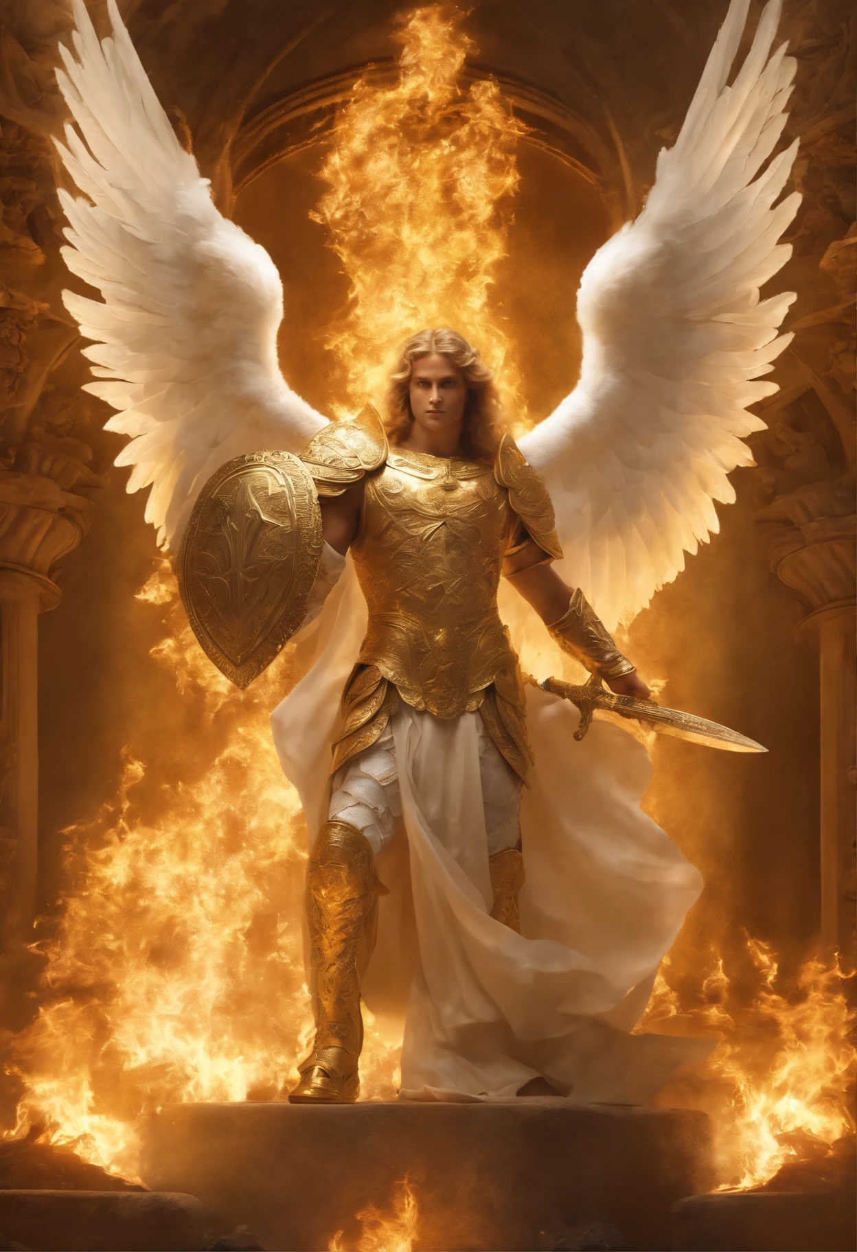 Cherub angels with multiple wings and majestic appearance Male with golden armor holding a flaming sword with white flame in his right hand and holding a protective shield in his left hand details in white.