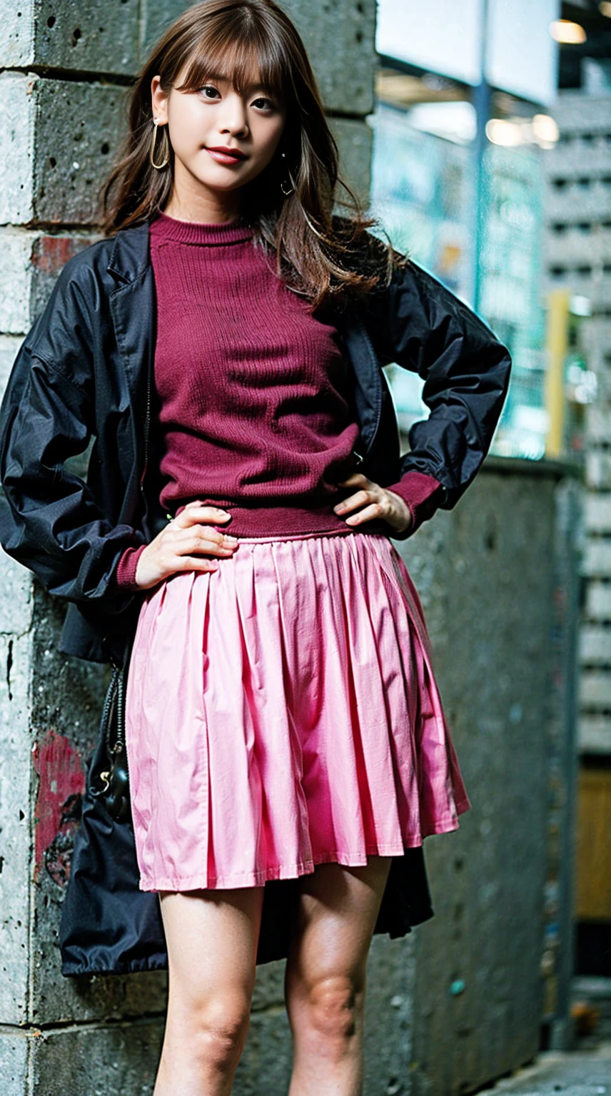 masterpiece, great work, whole body, 1 girl,  mini skirt, blush, bracelet, beautiful breasts, , gradient hair, long hair, looking at the audience, loose earrings, checked skirt, red eyes, ring, smile, alone,  fashion, woman, vitality,  take a pose, front, colorful,concentrated、whole body画像(1:5）、thin legs、Are standing、put your hands on your hips、idol costume、boots、whole body画像、Chest emphasis、pink costume、stand with legs apart