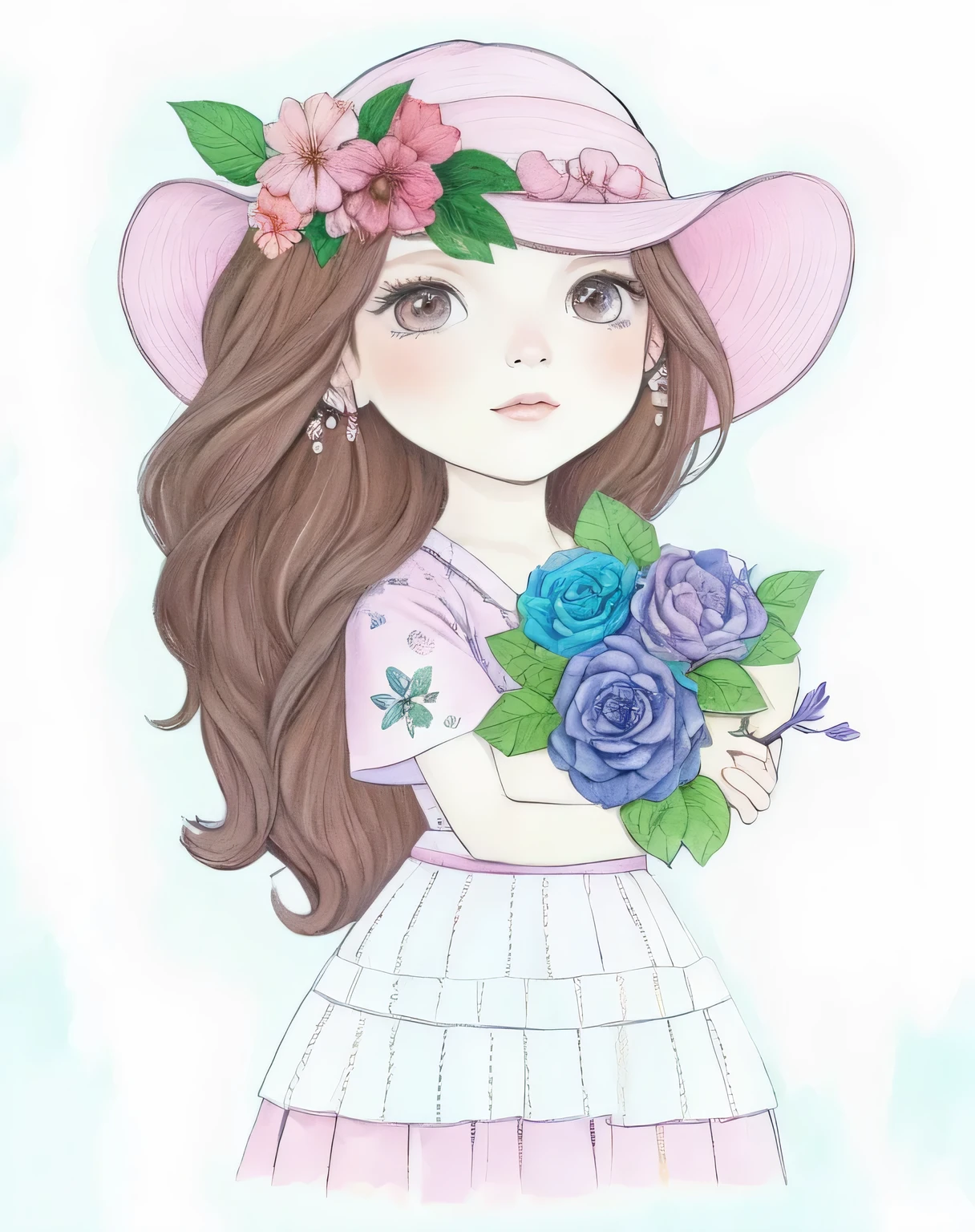 a drawing of a girl in a hat com flores on her head, colorido em, full desenho colorido, Aquarela e caneta, desenho colorido, Aquarela, desenho colorido, desenho colorido, com flores, pintura colorida em aquarela, garota em flores, colored pencil drawing, retrato caprichoso, inspirado em Hirosada II, a colored pencil drawing, watercolor pencil + desenho a tinta