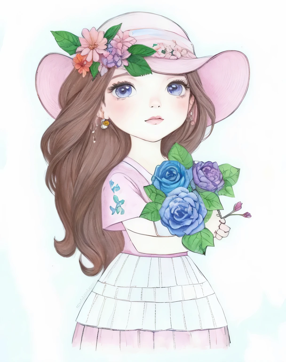 a drawing of a girl in a hat com flores on her head, colorido em, full desenho colorido, Aquarela e caneta, desenho colorido, Aquarela, desenho colorido, desenho colorido, com flores, pintura colorida em aquarela, garota em flores, colored pencil drawing, retrato caprichoso, inspirado em Hirosada II, a colored pencil drawing, watercolor pencil + desenho a tinta