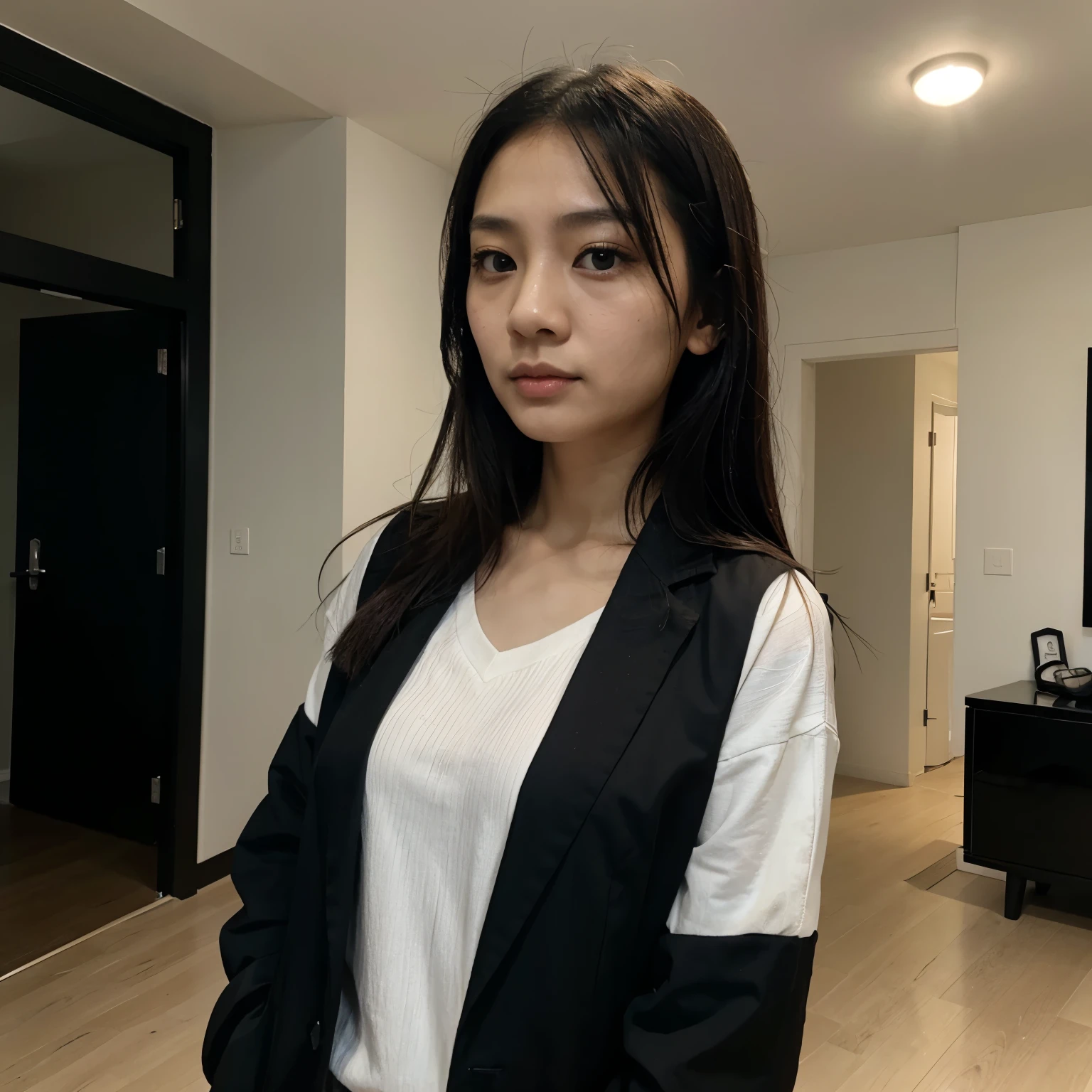 Asian girl former junkie with dark circles dressed in black in modern house