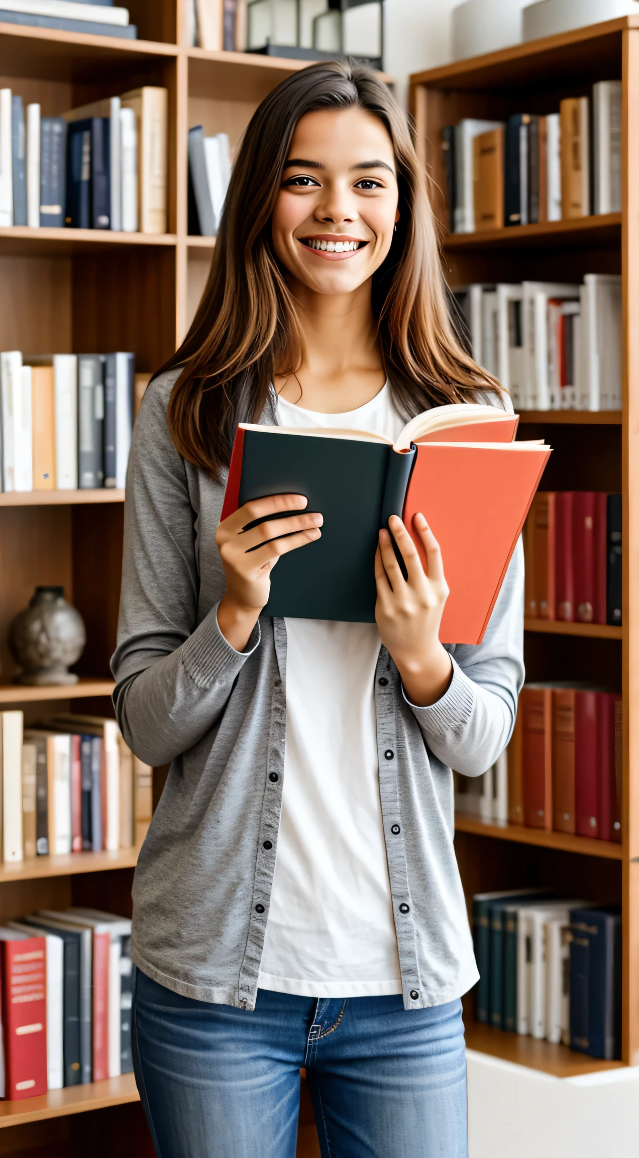 happy college student, smiling with books in hands looking forward