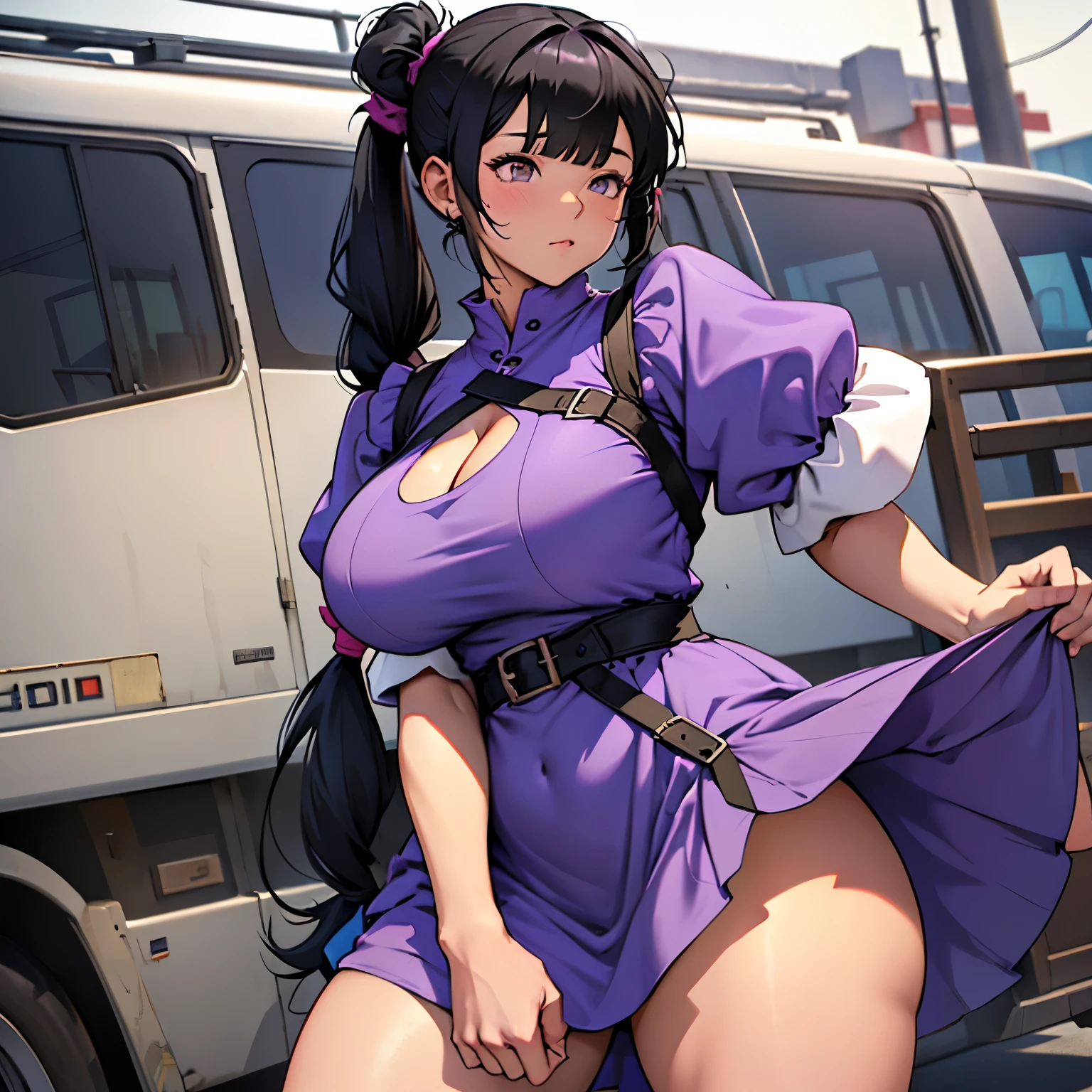 1 girl, black hair, ((hair tied in pigtails)), very long hair, bangs, wearing a purple dress with sleeves, ((short dress)), ((tight clothing)), ((very thick thighs)), ((very large breasts))