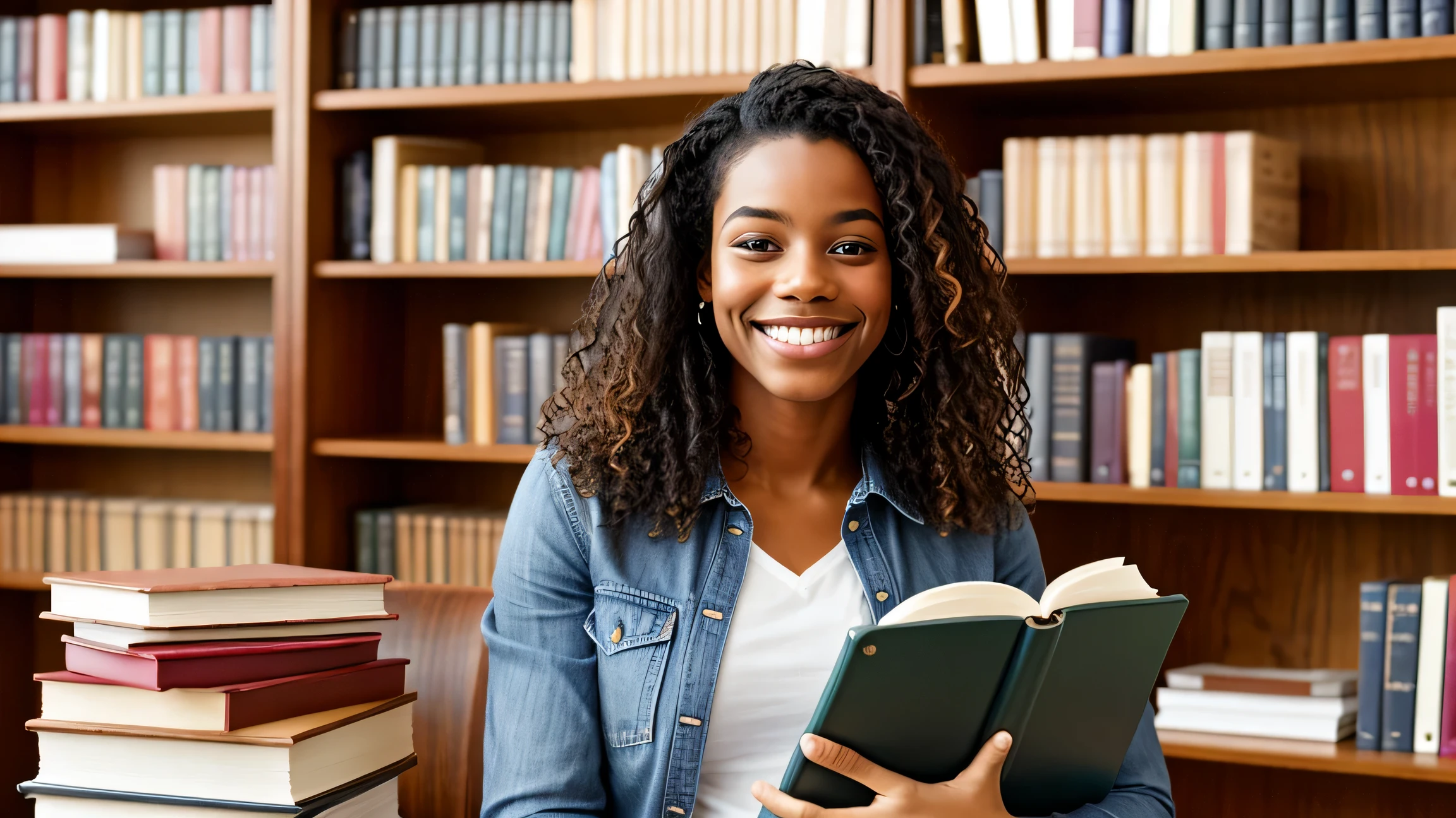 happy college student, smiling with books in hands looking forward