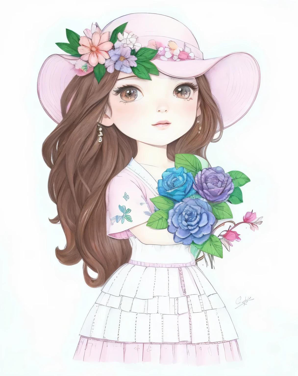 a drawing of a girl in a hat com flores on her head, colorido em, full desenho colorido, Aquarela e caneta, desenho colorido, Aquarela, desenho colorido, desenho colorido, com flores, pintura colorida em aquarela, garota em flores, colored pencil drawing, retrato caprichoso, inspirado em Hirosada II, a colored pencil drawing, watercolor pencil + desenho a tinta
