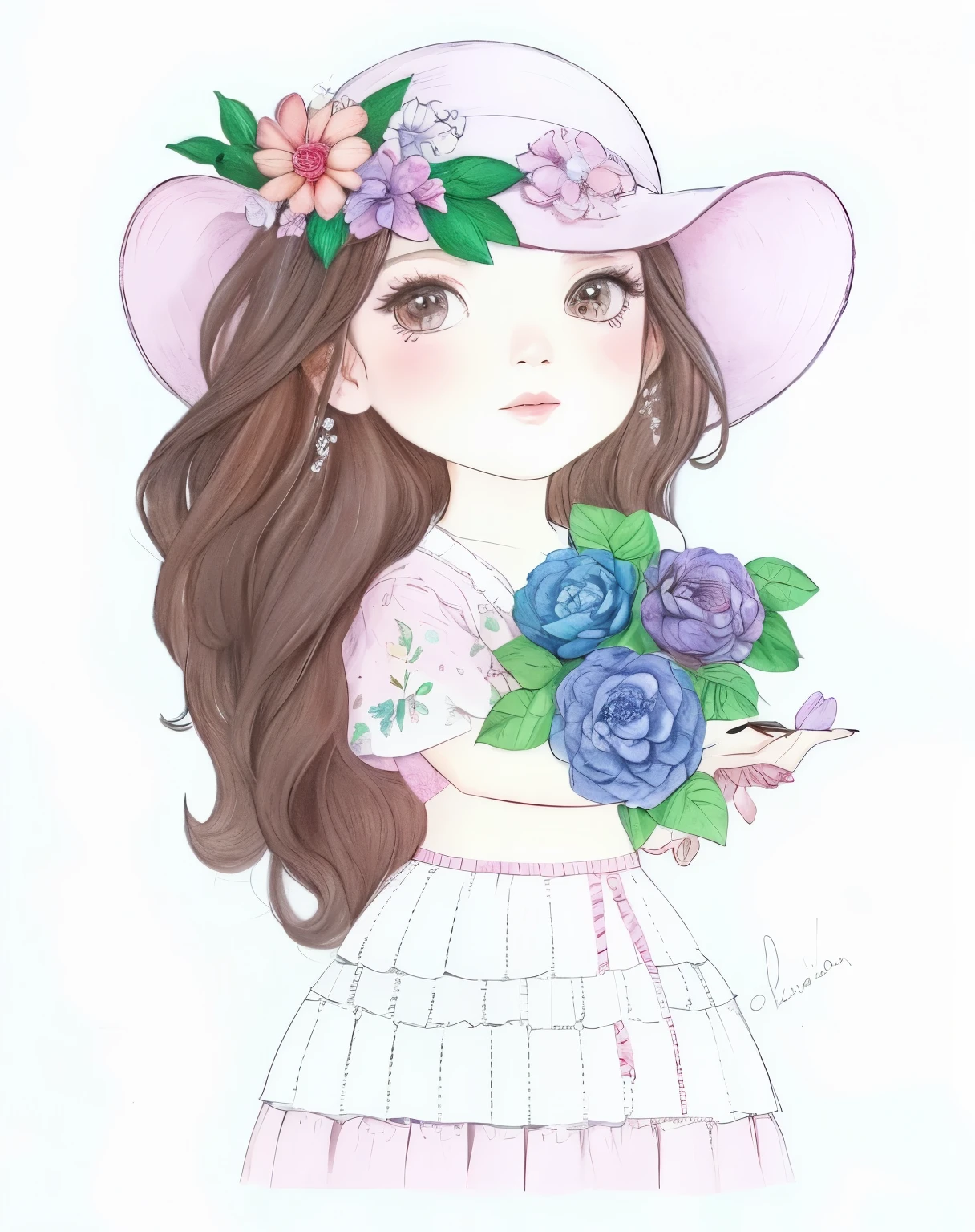 a drawing of a girl in a hat com flores on her head, colorido em, full desenho colorido, Aquarela e caneta, desenho colorido, Aquarela, desenho colorido, desenho colorido, com flores, pintura colorida em aquarela, garota em flores, colored pencil drawing, retrato caprichoso, inspirado em Hirosada II, a colored pencil drawing, watercolor pencil + desenho a tinta